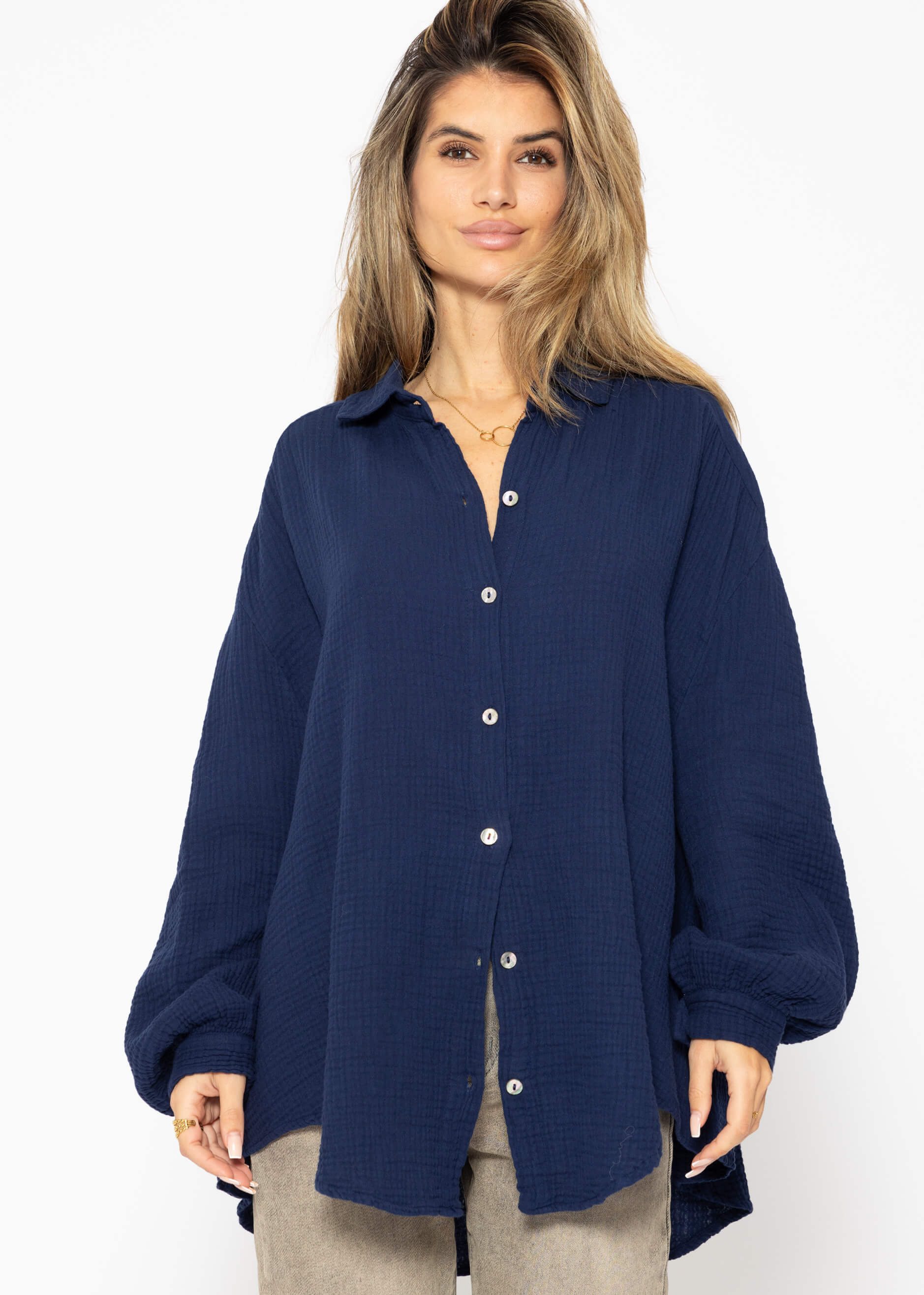 SASSYCLASSY Longbluse Oversize Musselin Bluse Damen günstig online kaufen