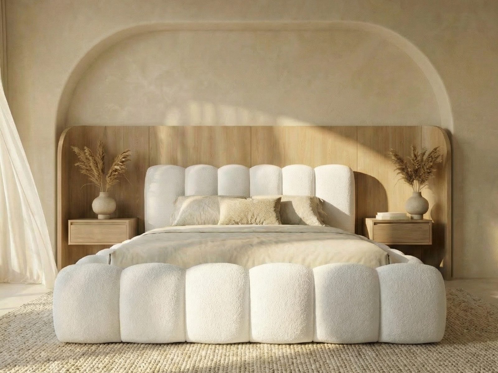 yourhouse24 Polsterbett DALLAS Slim Bubble-Design aus Bouclé, inkl. Bettkasten, Platzsparendes Chunky-Bett mit vertikaler Steppung