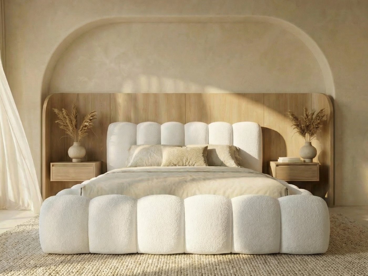 yourhouse24 Polsterbett DALLAS Slim Bubble-Design aus Bouclé, inkl. Bettkasten, Platzsparendes Chunky-Bett mit vertikaler Steppung