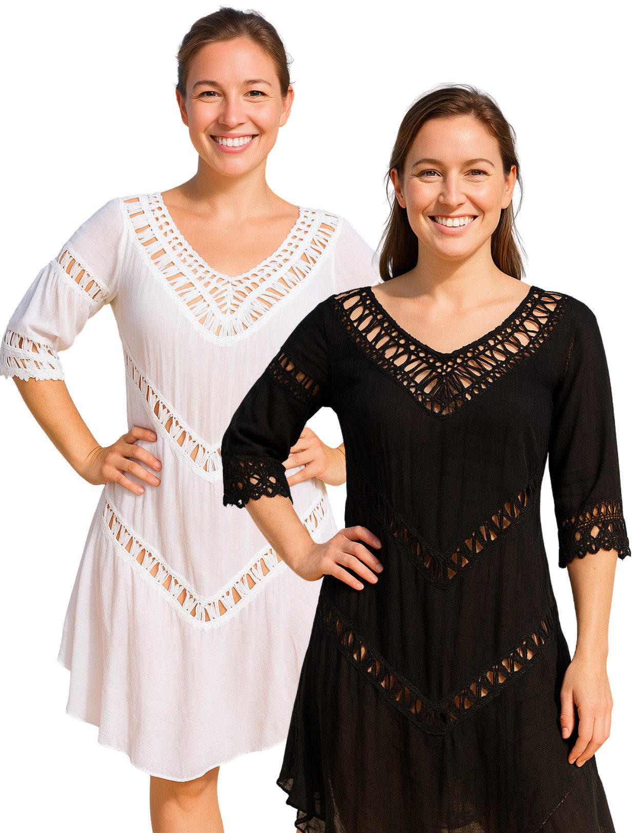 PANASIAM Tunikakleid Tunika Ibiza aus feiner Baumwolle Strandtunika Onesize passt bis Gr. L Tunikakleid in Häkeloptik Longshirt für besondere Anlässe