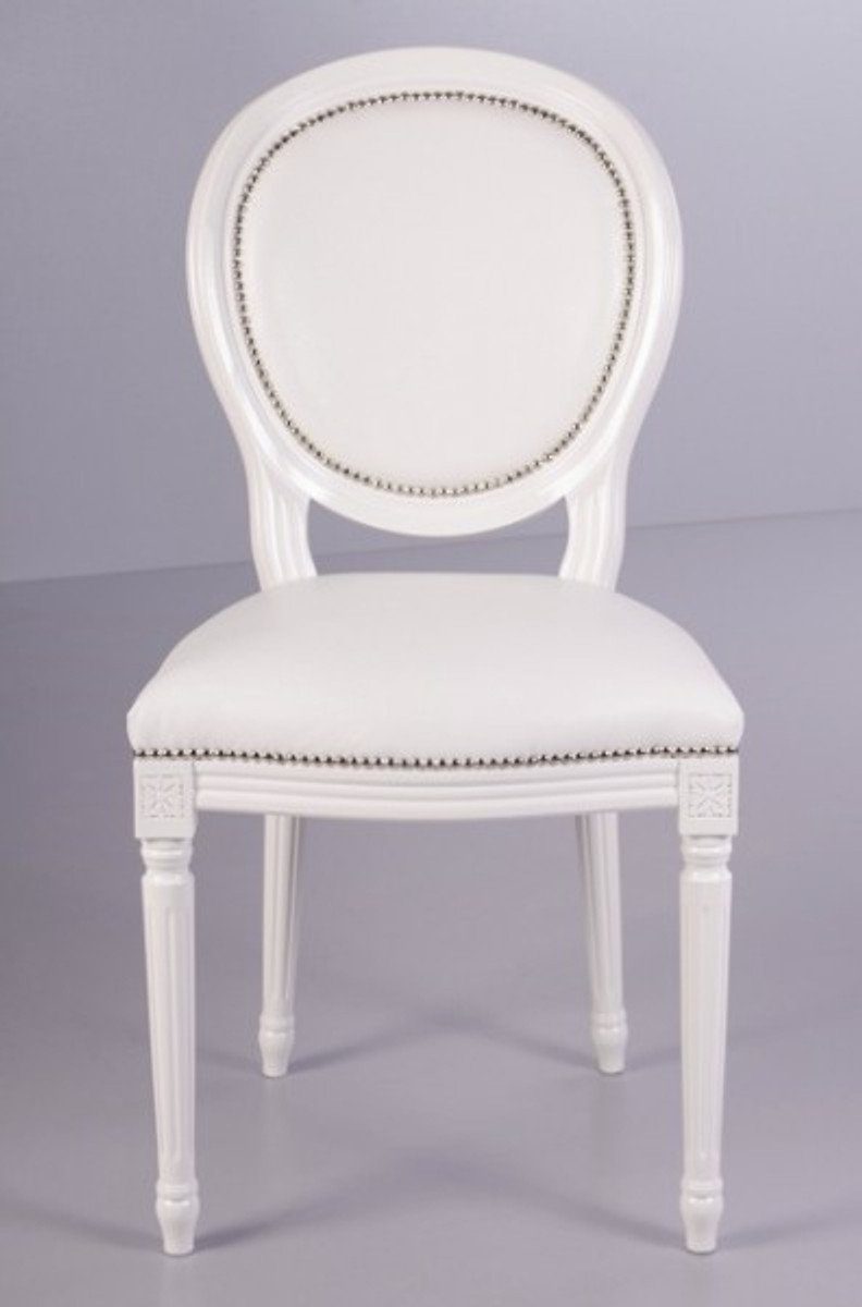 Casa Padrino Esszimmerstuhl Barock Esszimmer Stuhl Weiß / Weiß Lederoptik - Designer Stuhl - Luxus Qualität
