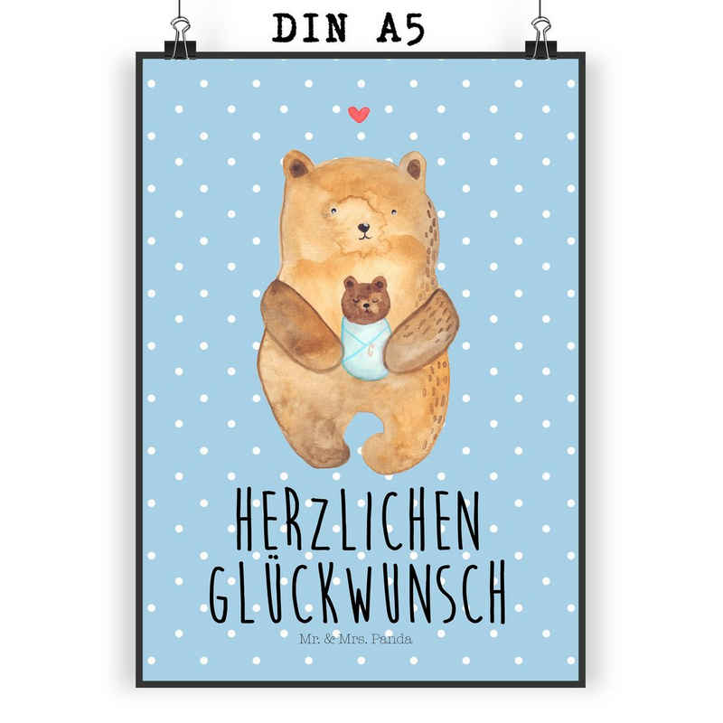Mr. & Mrs. Panda Poster DIN A5 Bär Baby - Blau Pastell - Geschenk, Enkelin, Täufling, Geburts, Bär mit Baby (1 St), Lebendige Farben