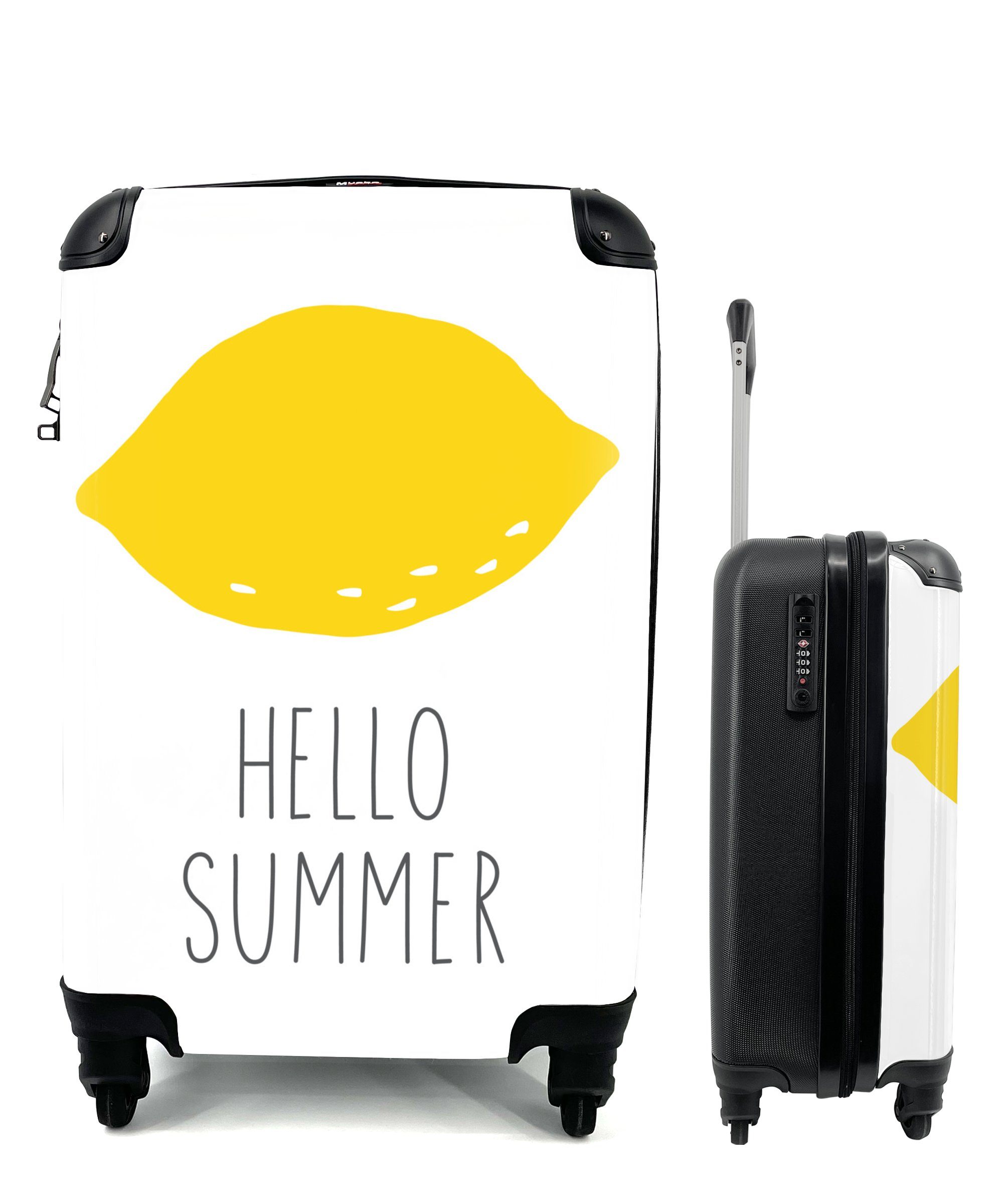 MuchoWow Handgepäckkoffer Illustration mit dem Zitat "Hallo Sommer" und einer Zitrone, 4 Rollen, Reisetasche mit rollen, Handgepäck für Ferien, Trolley, Reisekoffer