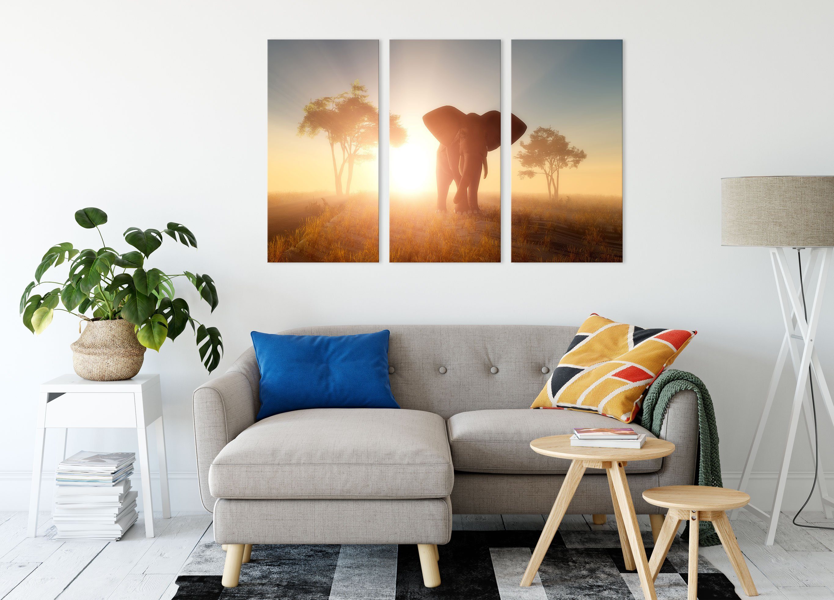 (120x80cm) Leinwandbild der Pixxprint (1 Elefant Wüste 3Teiler der fertig bespannt, inkl. in Elefant Leinwandbild Wüste, Zackenaufhänger in St),