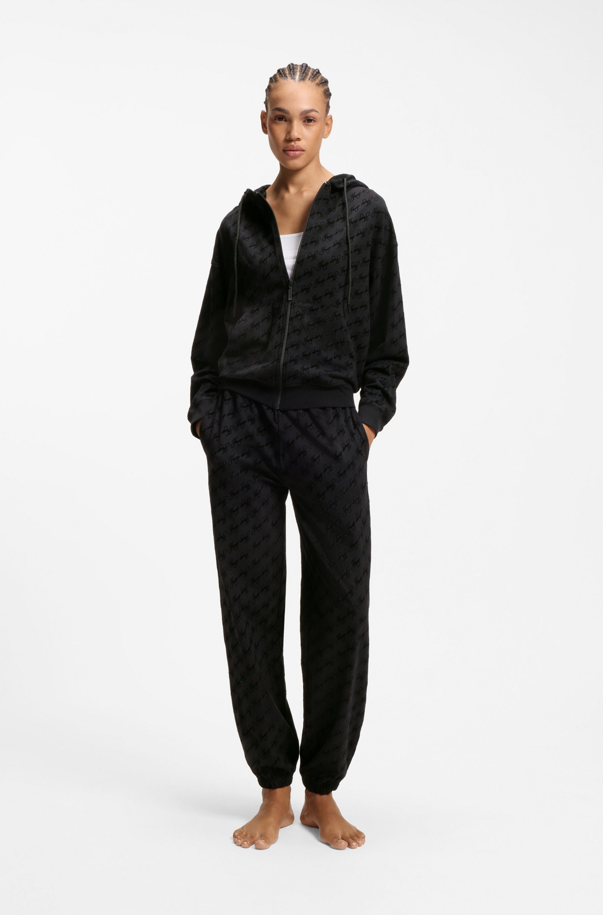 HUGO Kapuzensweatjacke FLOKKY Flock-Logo-Print, relaxed fit