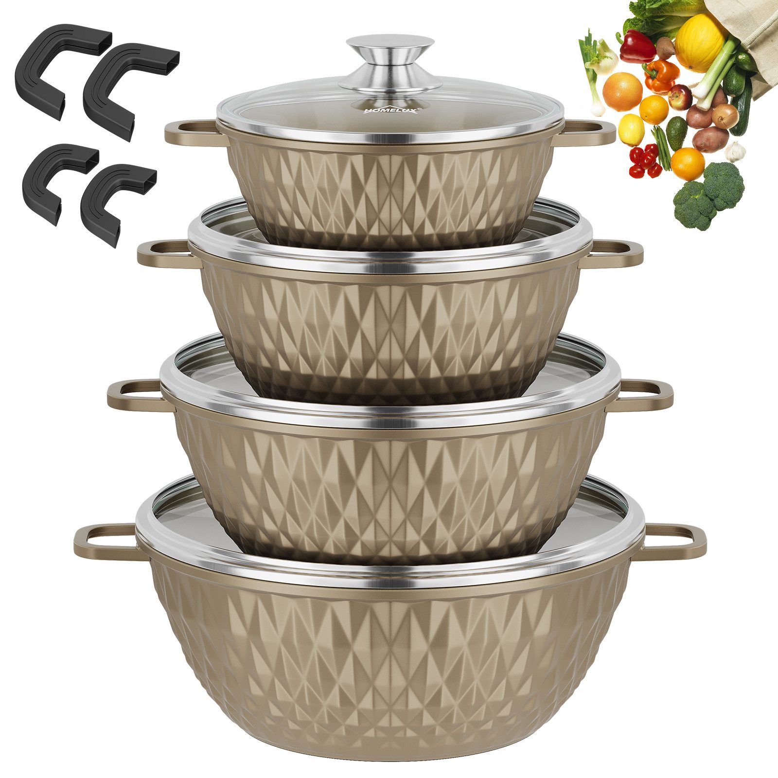 HOMELUX Topf-Set 8-tlg Kochtopf Set Induktions 20/24/28/32cm Töpfe Set mit Deckel, Aluminium (Kochtöpfe Induktions für Alle Herdarten), Induktion, Antihaft-beschichtung
