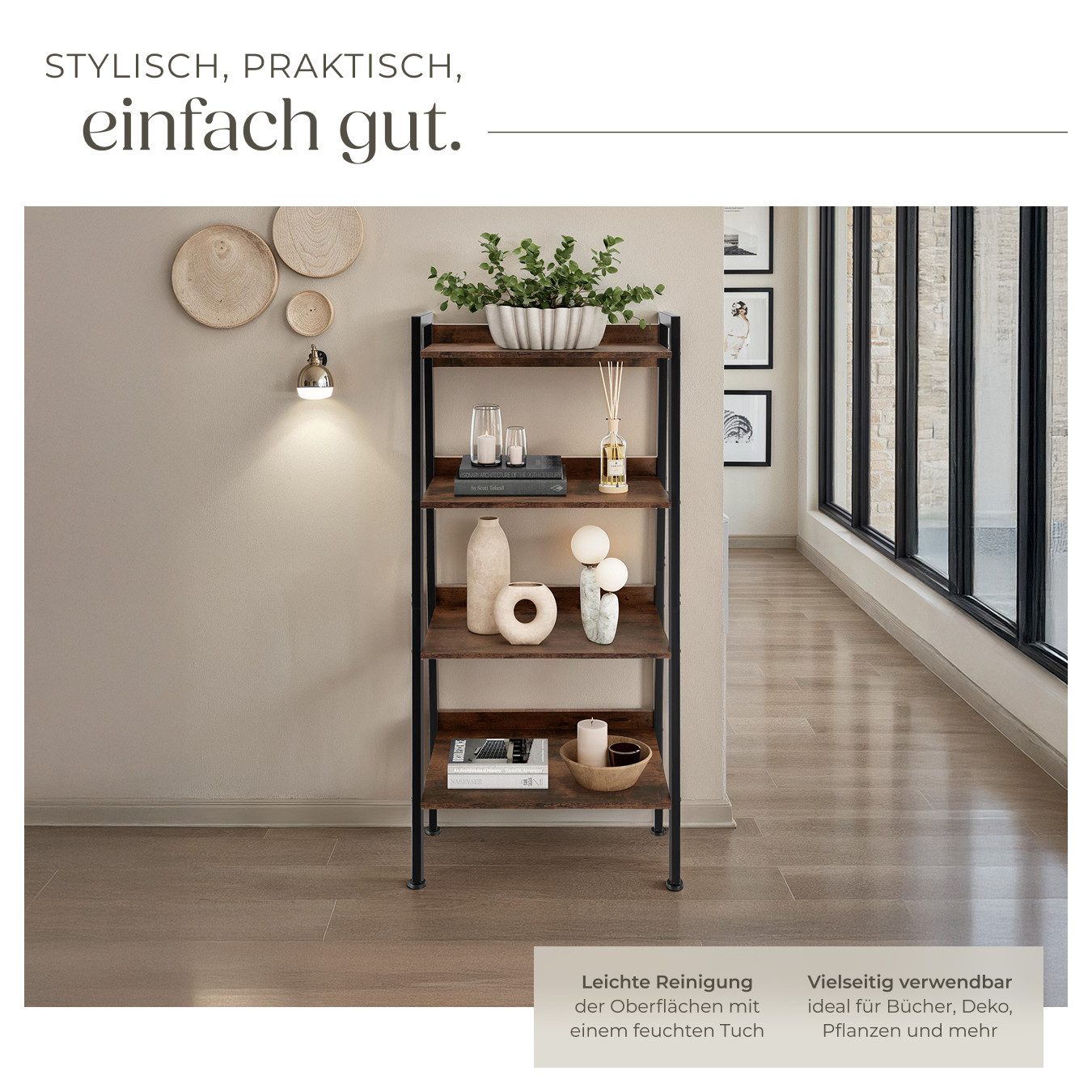 tectake Leiterregal Stufenregal, 57,5 x 34 x 138 cm, höhenverstellbare Kunststofffüße, Anlehnregal Chatham 1-tlg., Kippschutz, mit 4 offenen Fächern mit verstellbarem Einlegeboden