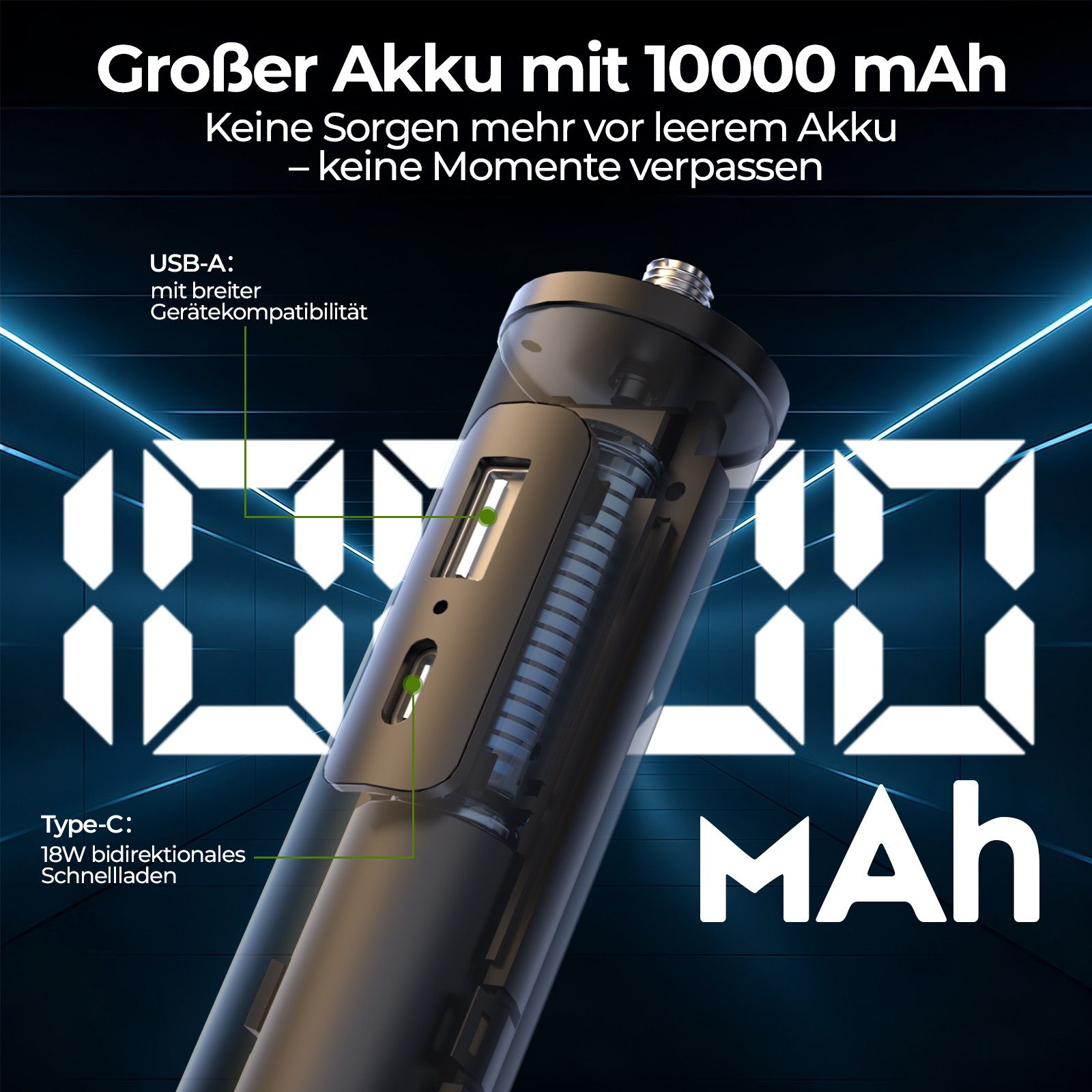 PFCTART 10000mAh Powerbank Handgriff mit Stativ & Handyhalter Handstativ (PD 18W Schnellladen, 1/4 Zoll Gewinde, USB-C, bis 3 kg Tragkraft)