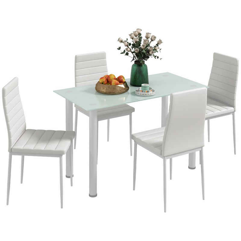 HOMCOM Essgruppe Esstisch mit 4 Stühlen, Küchentisch mit Hartglasplatte, (Esszimmermöbel, 5-tlg., Esstisch Set), für Küche, Esszimmer, Stahl, Weiß
