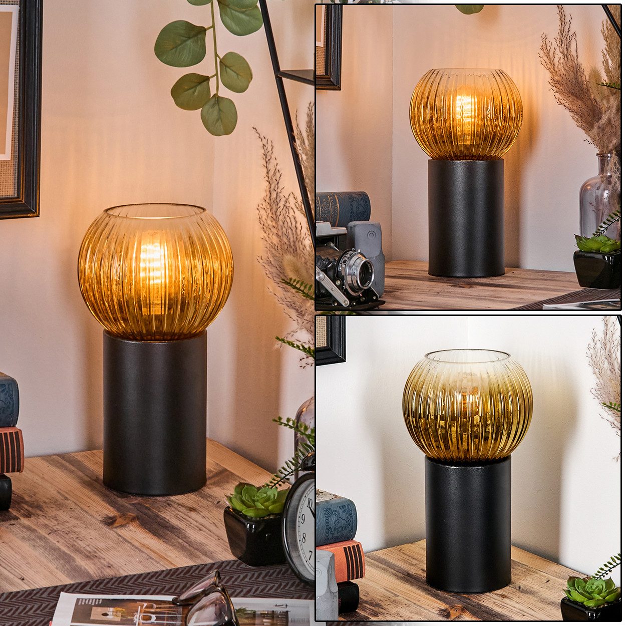 hofstein Tischleuchte Tischlampe aus Metall/Riffelglas in Schwarz/Goldfarben/Klar, ohne Leuchtmittel, Leuchte im Retro/Vintage-Design mit Glasschirm (15 cm), 1 x E27