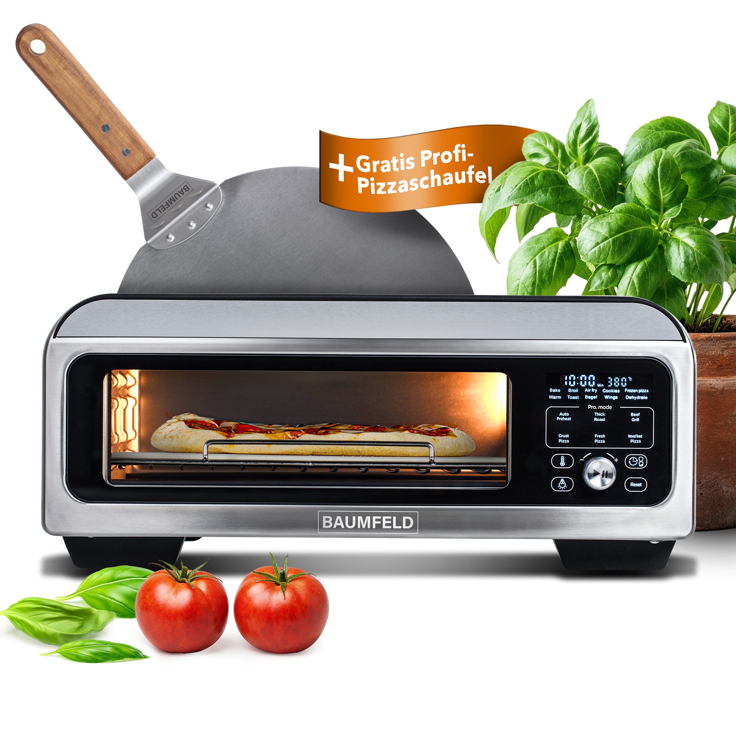BAUMFELD Pizzaofen BAUMFELD PizzaAirfryer400 – 12-in-1-Multifunktionsofen inkl. Zubehör, Baumfeld, Pizzaofen, Airfryer, 400 °C, 12-in-1-Multifunktionsofen