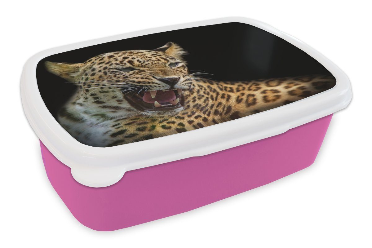 MuchoWow Lunchbox Leopard - Tiere - Schwarz, Kunststoff, (2-tlg), Brotbox für Erwachsene, Brotdose Kinder, Snackbox, Mädchen, Kunststoff rosa
