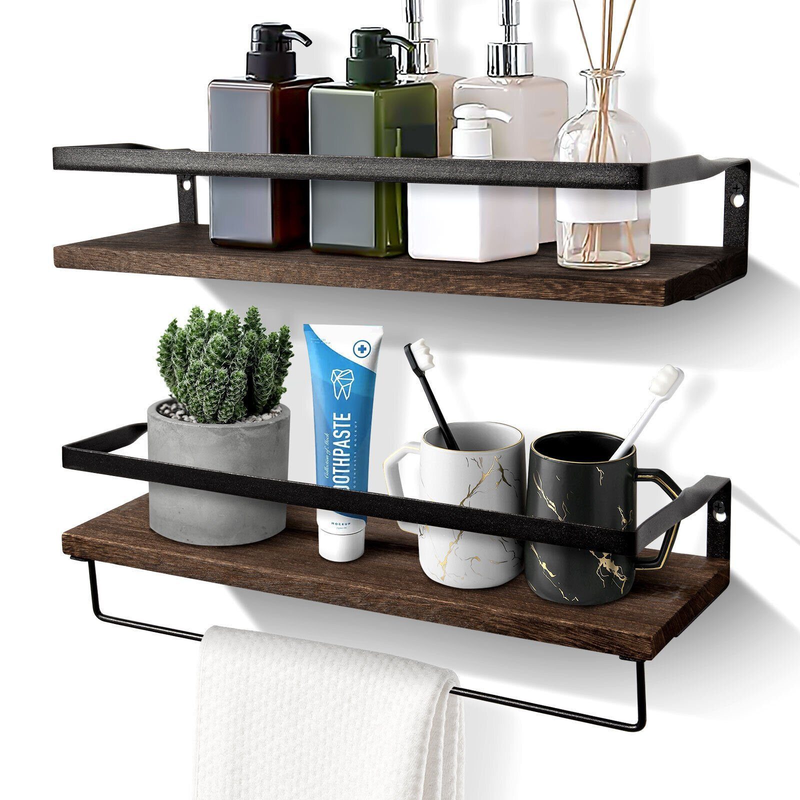 Stelby Wandregal Wandregal 2er Set Schweberegal mit 6 Haken & Handtuchhalter, Set 2-tlg., Wandregal mit 15 Kg Tragkraft, platzsparend & vielseitig einsetzbar