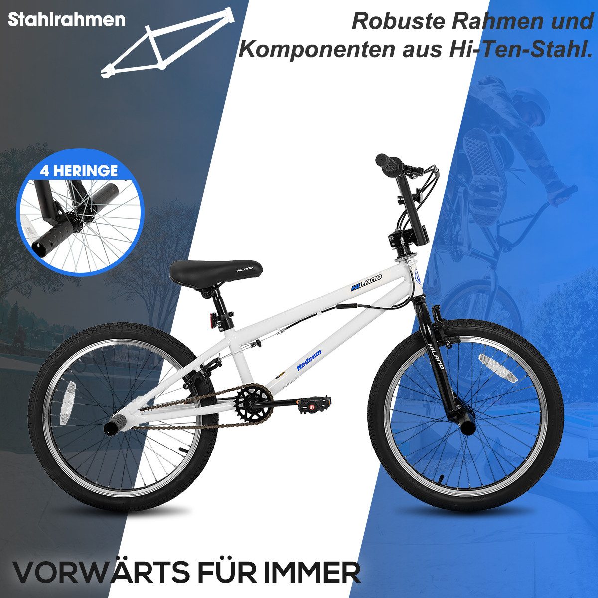 HILAND Kinderfahrrad Redeem 20 Zoll 3 Multiple Speichen BMX für Jungen ab 7-10 Jahre, 1 Gang, Reflektorplatte, Single Speed, 4 Pegs – Bild 2 von 5