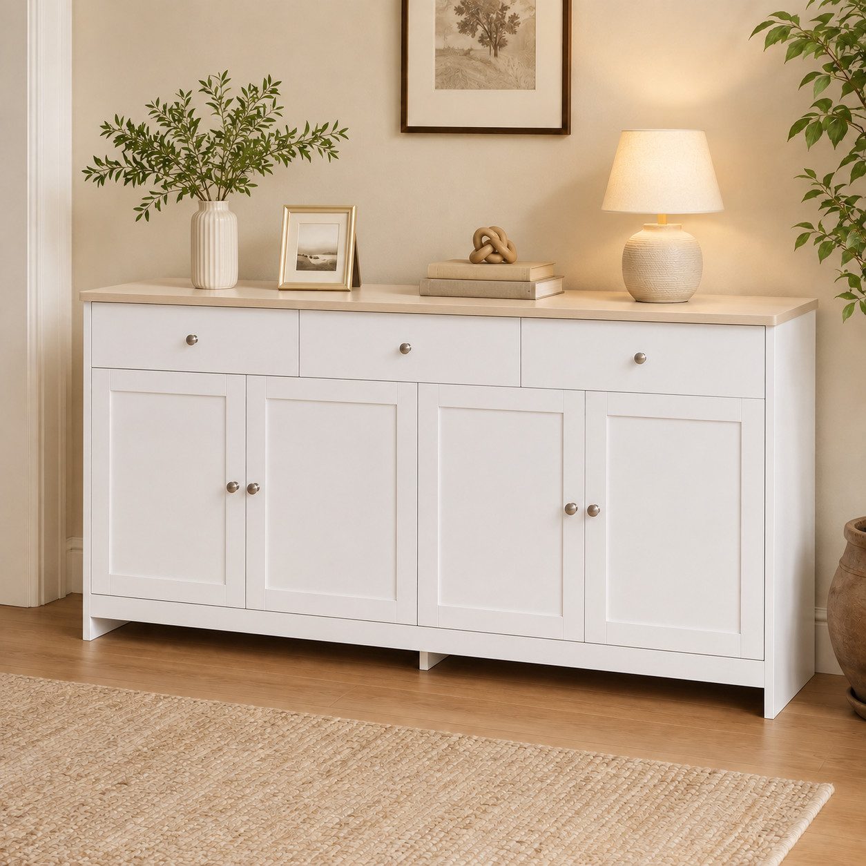 Merax Sideboard Aufbewahrungsschrank mit drei Schubladen und vier Klappen (1 St), Sideboard im Landhausstil,Anrichte,Wohnzimmerschrank,B:160cm