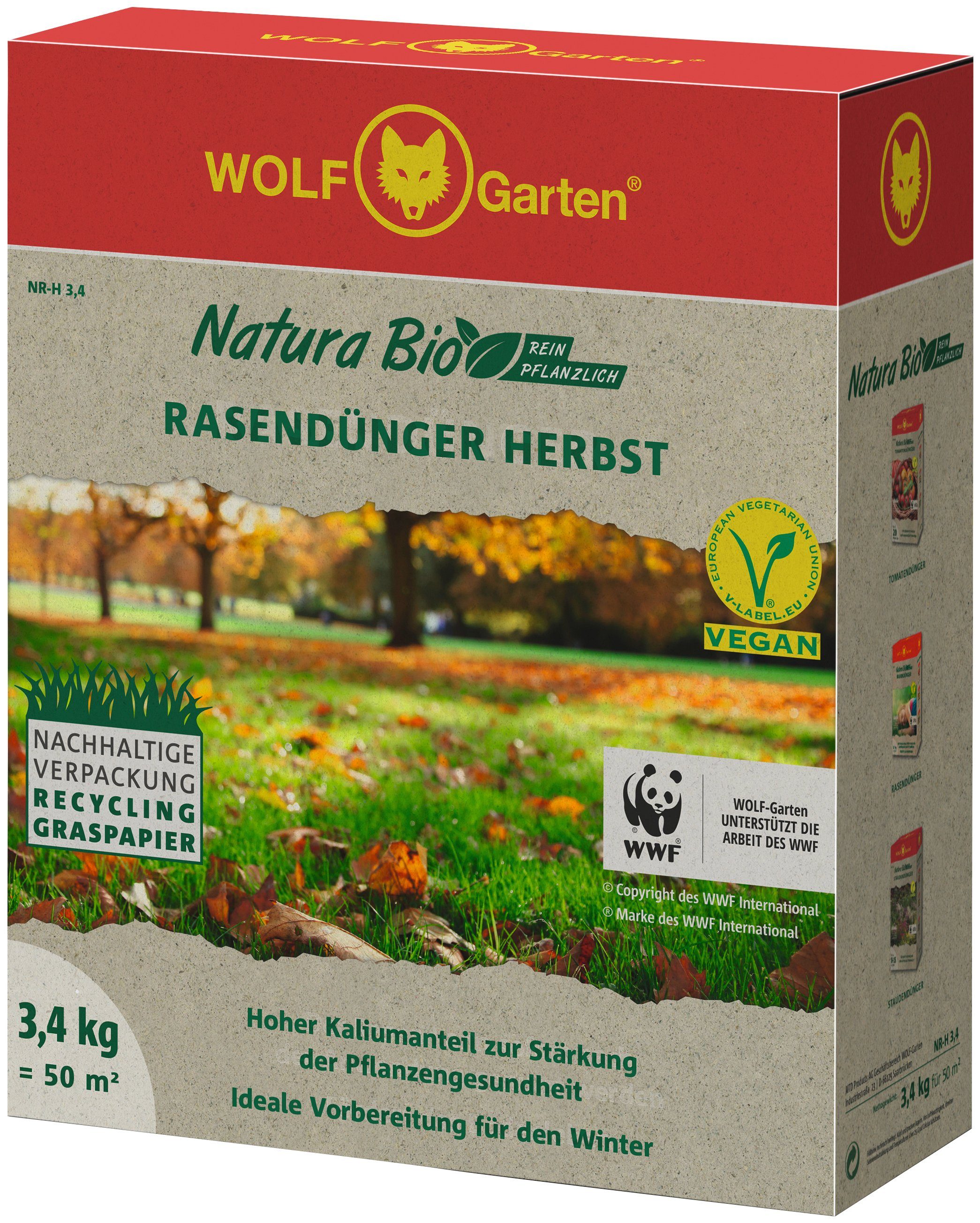 WOLFGarten Rasendünger NRH 3,4 D/A Natura Bio HERBST, 3,4 kg, für ca
