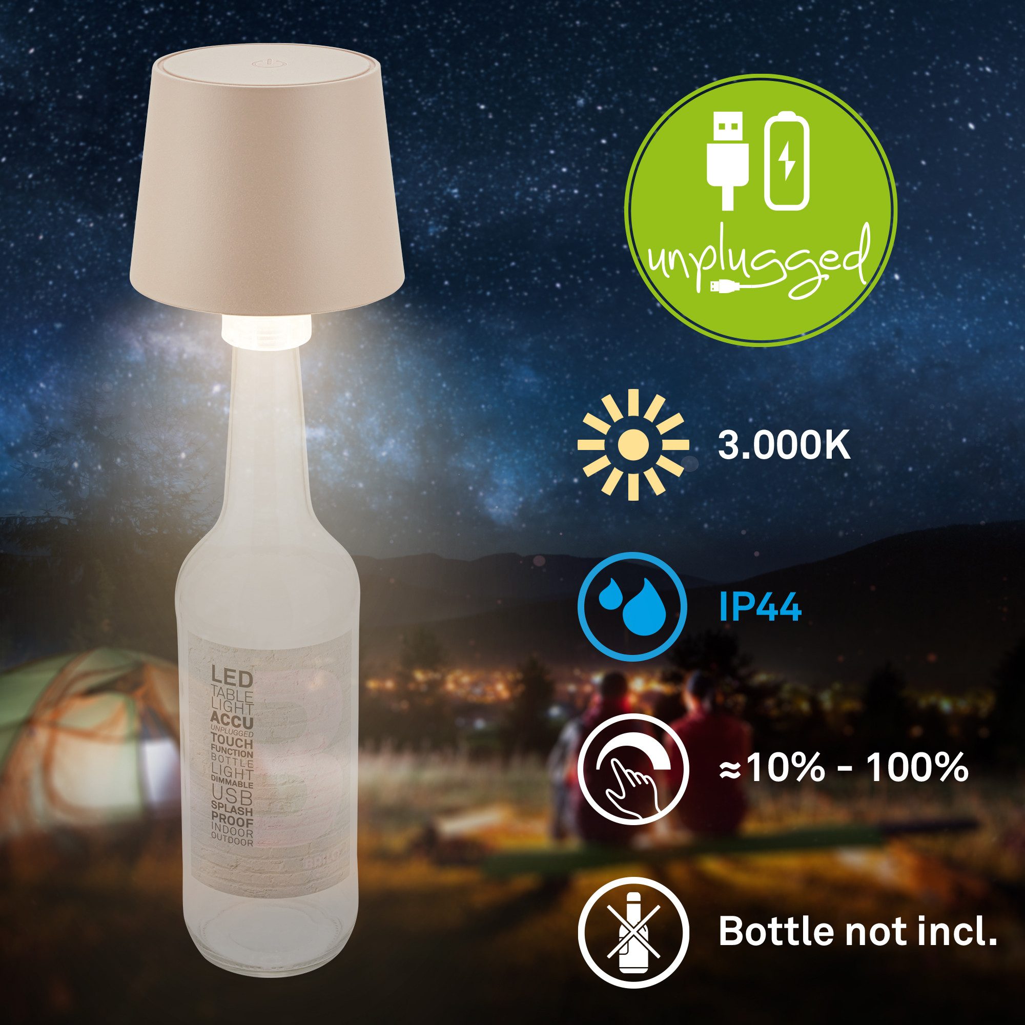 Briloner Leuchten LED Tischleuchte Akku kabellos Aufsatz für Flaschen, LED fest integriert, LED Flaschenlampe 10,5 x 11,5 cm (DxH) 1,8W Schlafzimmer Wohnzimmer