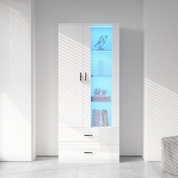 REDOM Vitrine (16-farbige LED-Lichtvitrine mit Glasböden, Standvitrine mit zwei Türen, großer Stauraum, Front-Hochglanzvitrine) Höhe: 182cm