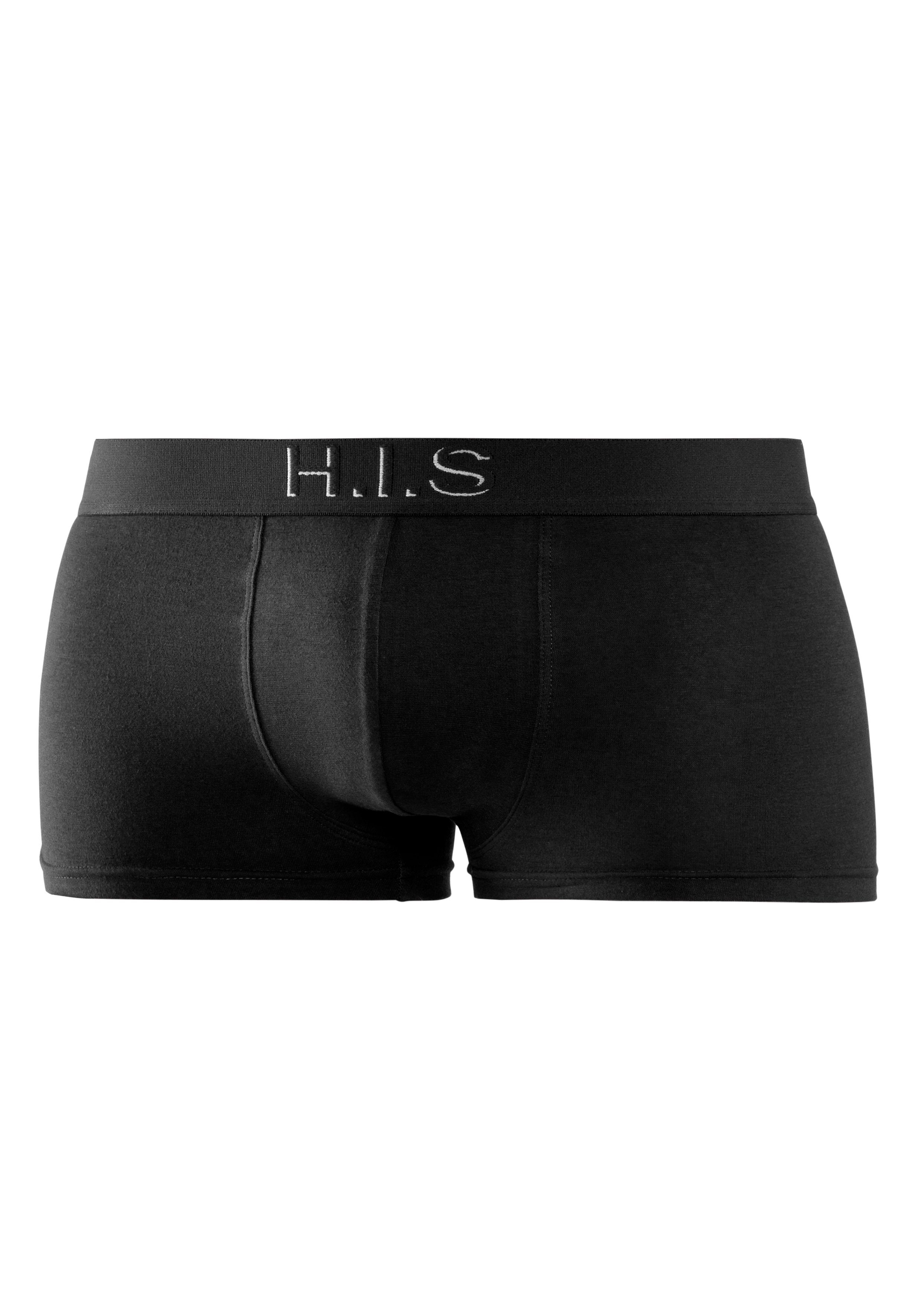 H.I.S Boxershorts (Packung, 5-St) navy Webbund in bordeaux, petrol, schwarz, mit Effekt olivgrün, Hipster-Form Logoschriftzug 3D am mit