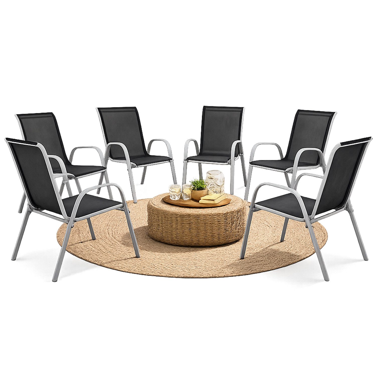 Mojawo Armlehnstuhl 6xOutdoorstuhl Gartenstuhl Stapelstuhl Metall Silber Textilen Schwarz