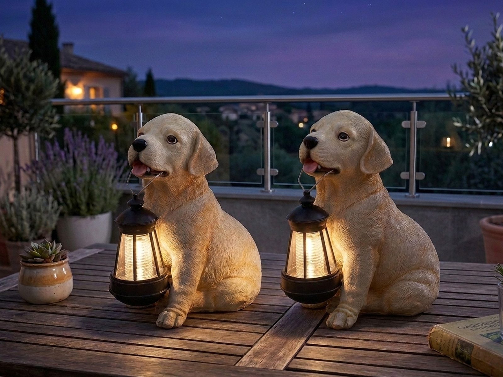 GLOBO LIGHTING LED Solarleuchte 2er Set Hundelampen Beige-Weiß Höhe 26cm, LED fest integriert, Ausgefallene Tierlampe Welpe Solarbeleuchtung für den Garten & Balkon