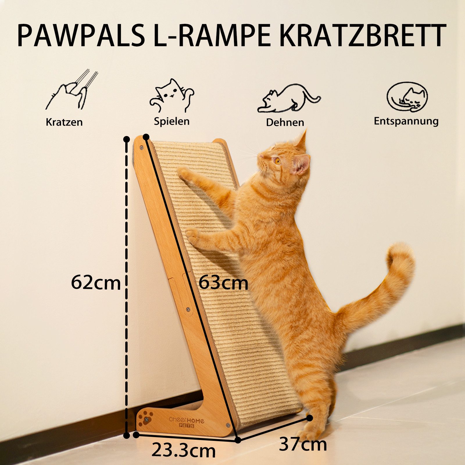 CheerPals Kratzbrett (63cm) L-förmiges 2-in-1 Sisal aus massivem Buchenholz, (1-tlg)