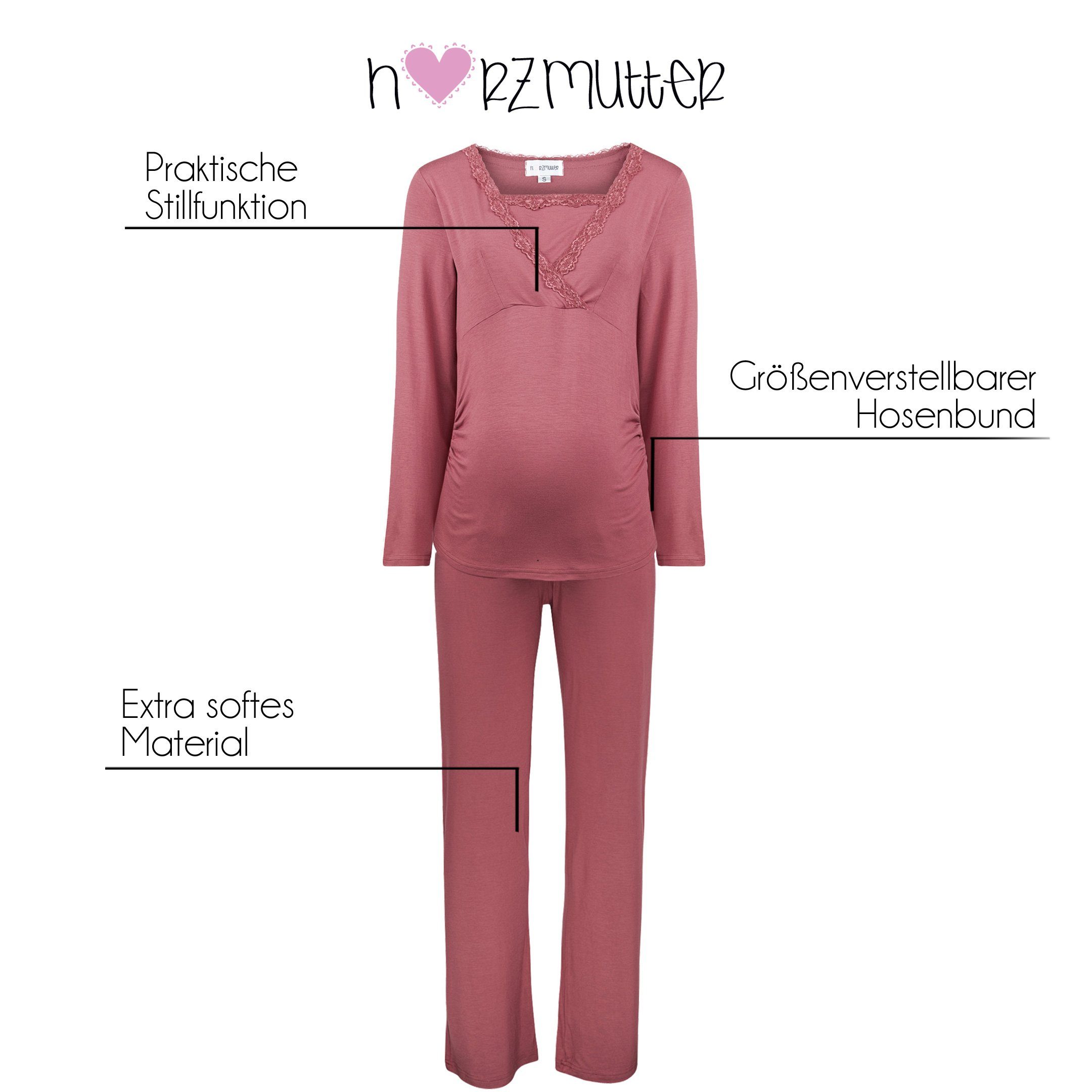 - Stillpyjama Rosa - (2 Spitze Herzmutter Pyjama-Set tlg) Stillmode - Umstandspyjama