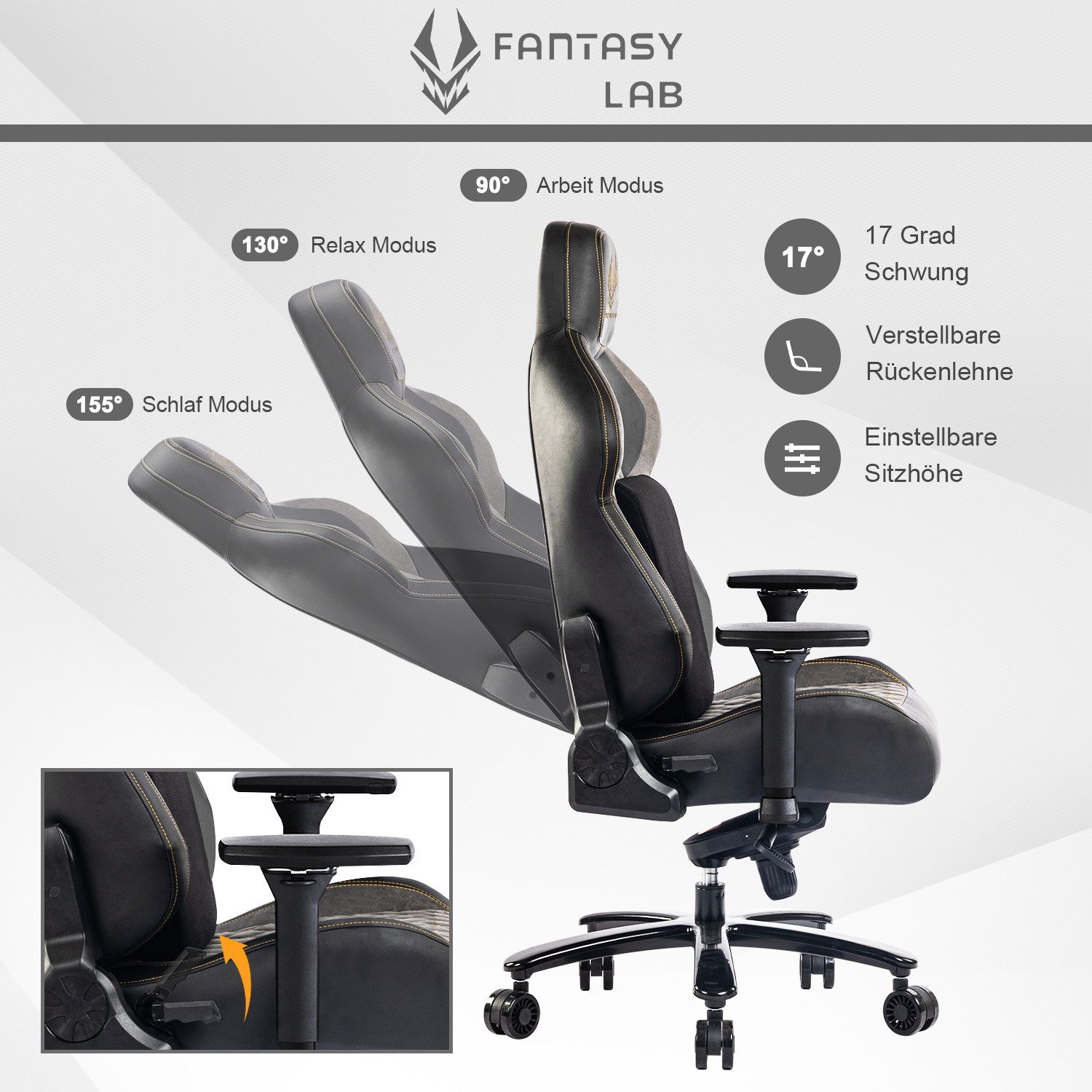 FANTASYLAB Gaming-Stuhl 200KG Gamingstuhl, 4D, verstellbare Armlehnen, Lendenstütze – Bild 4 von 5
