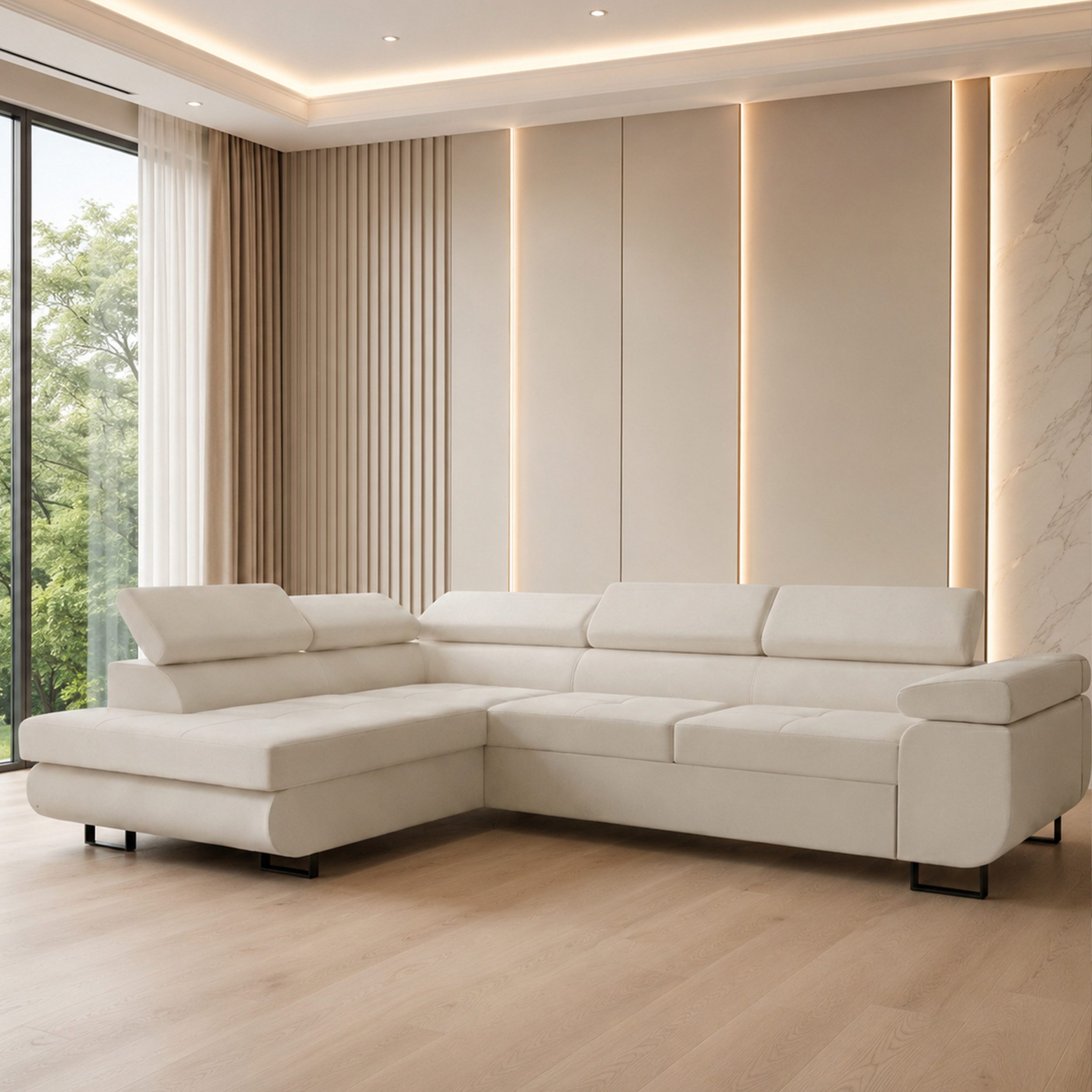 Goldstoff Ecksofa mit Schlaffunktion - Designersofa, Sofa mit Bettfunktion & Bettkasten, Schlafsofa RIVIA, multifunktionale Couch mit verstellbaren Kopfstützen in beige