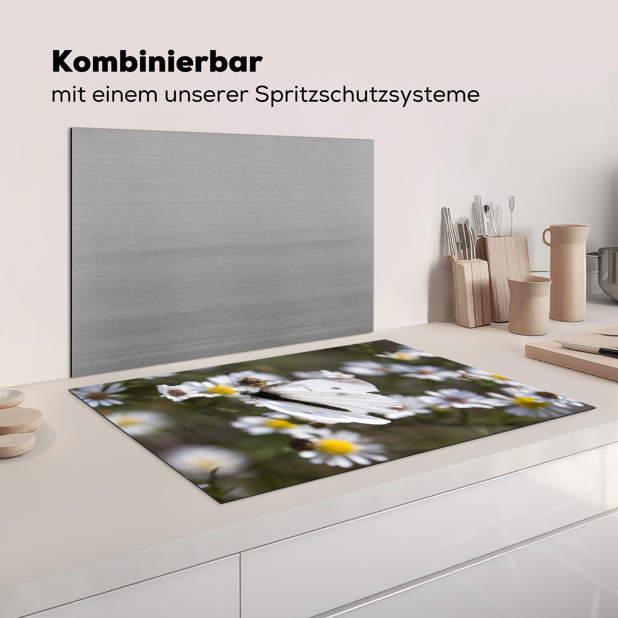 Kohlweißling Herdblende-/Abdeckplatte für Ceranfeldabdeckung Schutz Gänseblümchen, Vinyl, cm, küche, 81x52 Induktionskochfeld (1 MuchoWow mit die tlg),