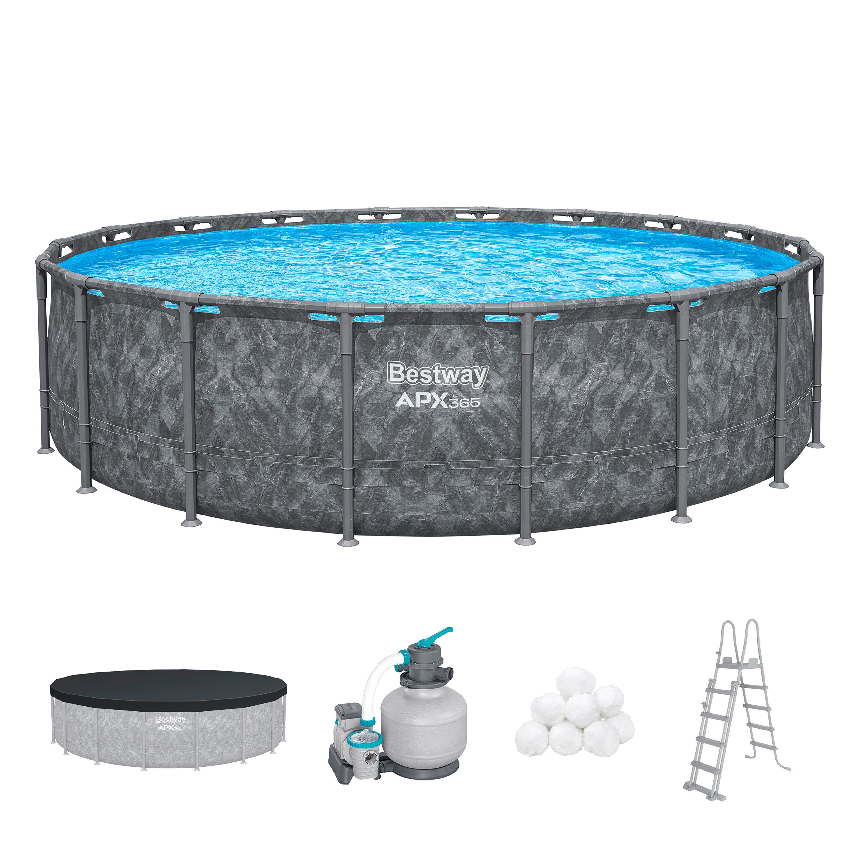Bestway Framepool APX365™ Winterfest (Set, Inkl. Sandfilteranlage, Filterbälle, Sicherheitsleiter, Abdeckplane), Ø 549 x 132 cm
