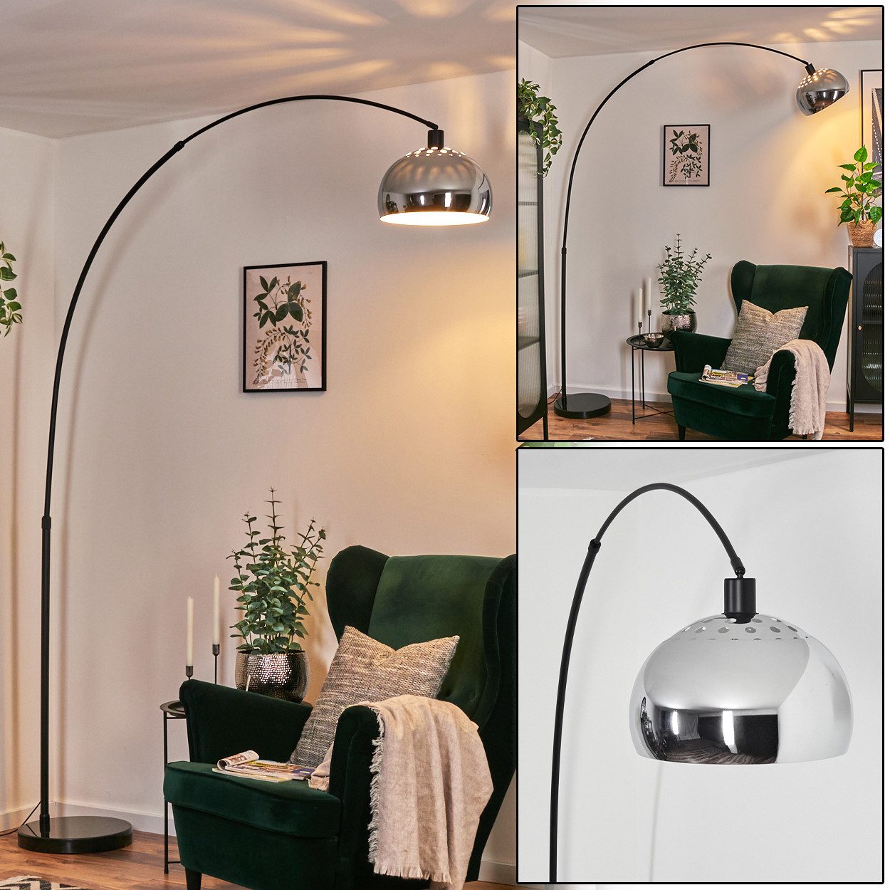 Bogenlampe Stehlampe Metall in Schwarz/Chrom/Rauch/Weiß im Retro/Vintage-Design