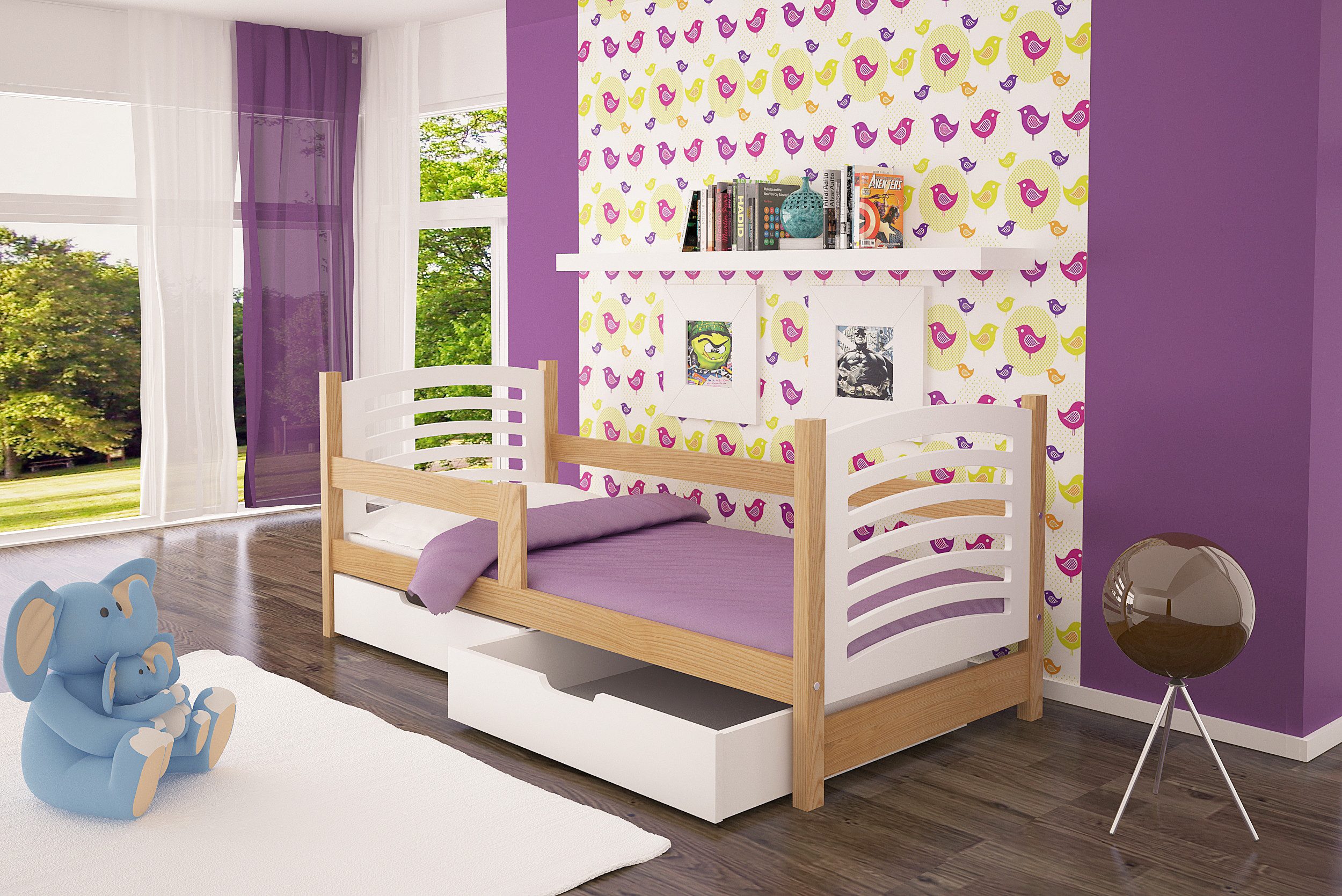 Jugendbett Kinderbett mit abnehmbaren Rausfallschutz und zwei Schubladen 80x180cm