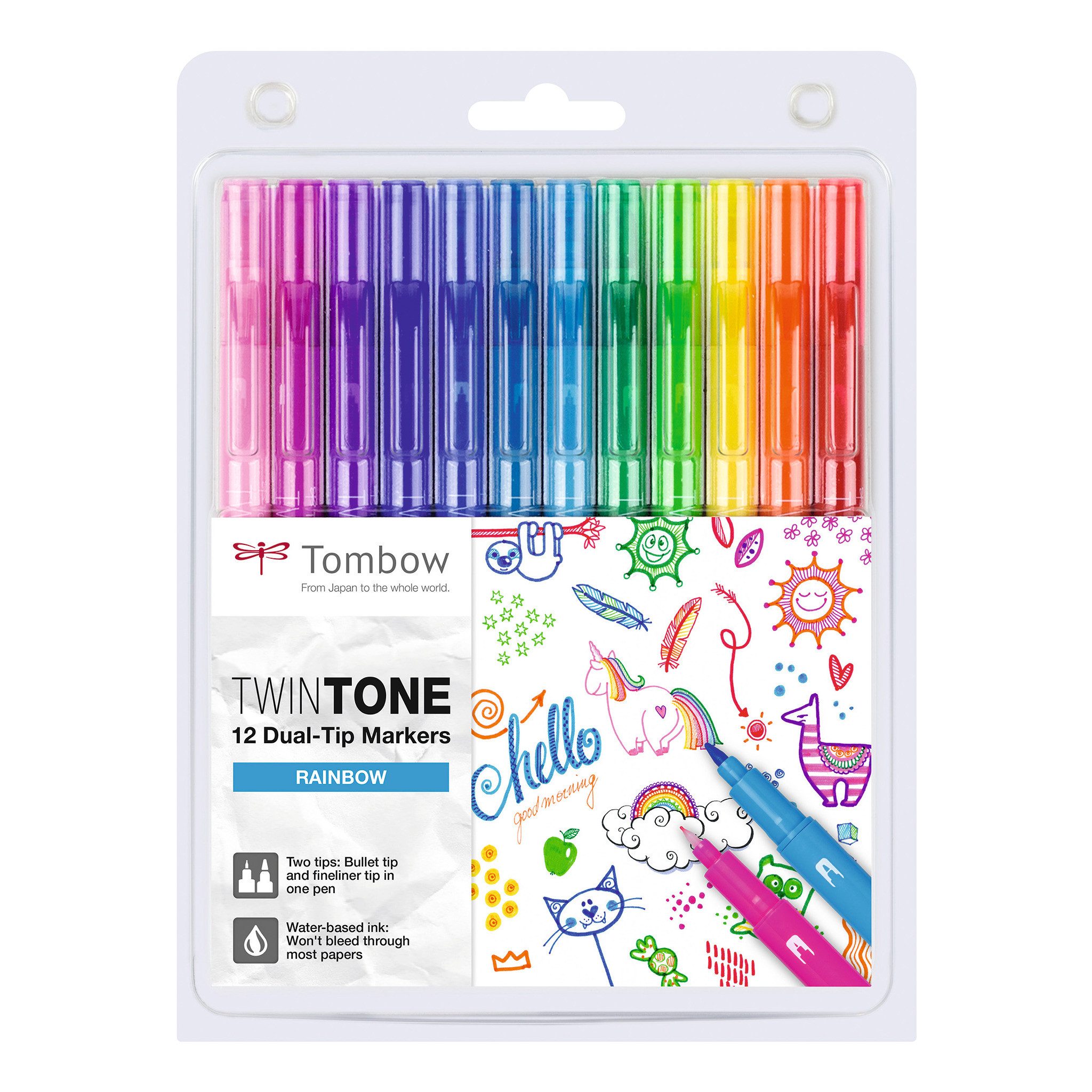 TOMBOW Faserstift TwinTone, (12er Set), Filzstift/Fineliner mit dünner und dicker Spitze, Regenbogenfarben
