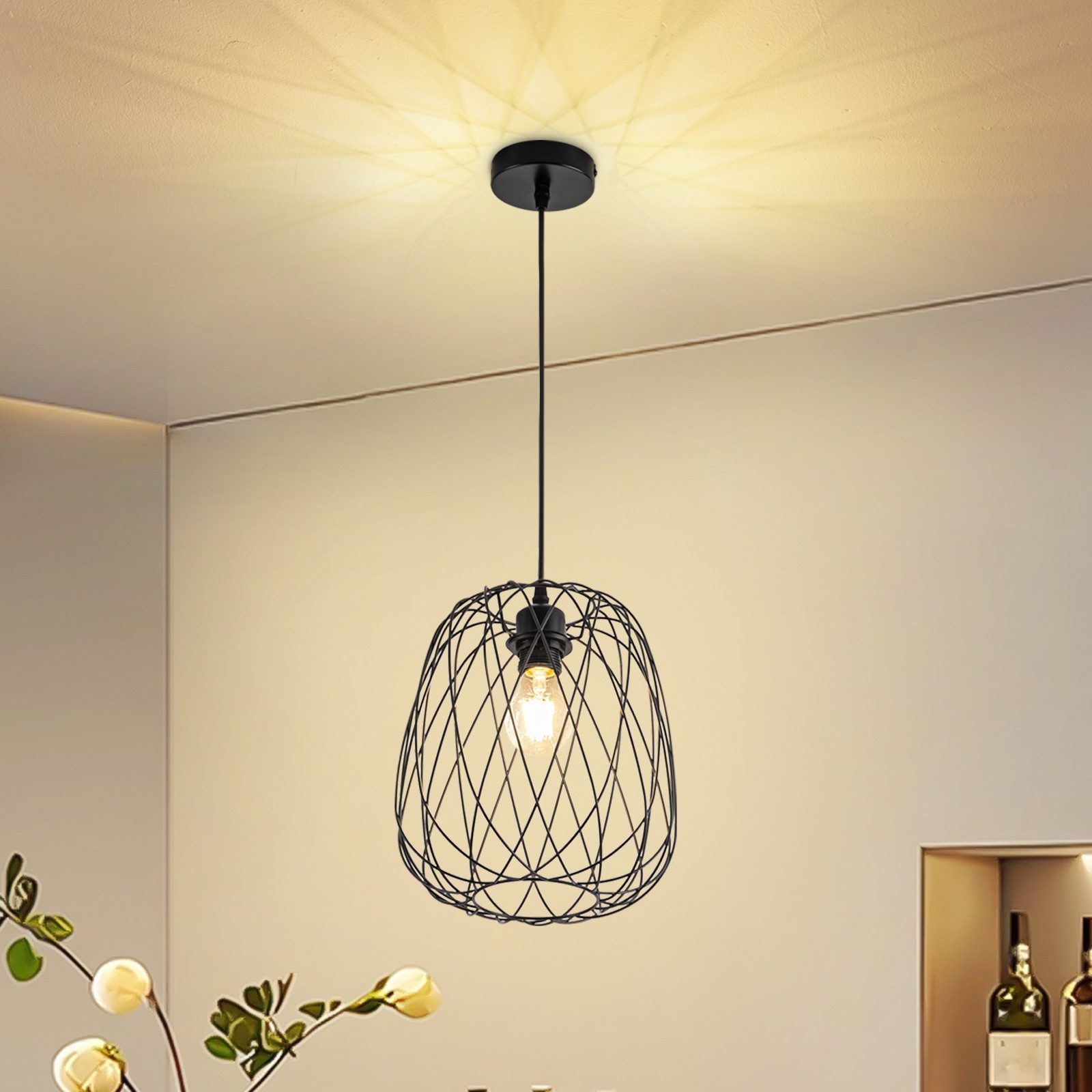 ZMH Pendelleuchte Esszimmer 120CM Schwarz Retro Käfig Gitter E27 Hängeleuchte Flur, Einfache Installation, ohne Leuchtmittel, Ellipsen, 1 Flammig Retro Esstischlampe Wohnzimmer Treppenhaus