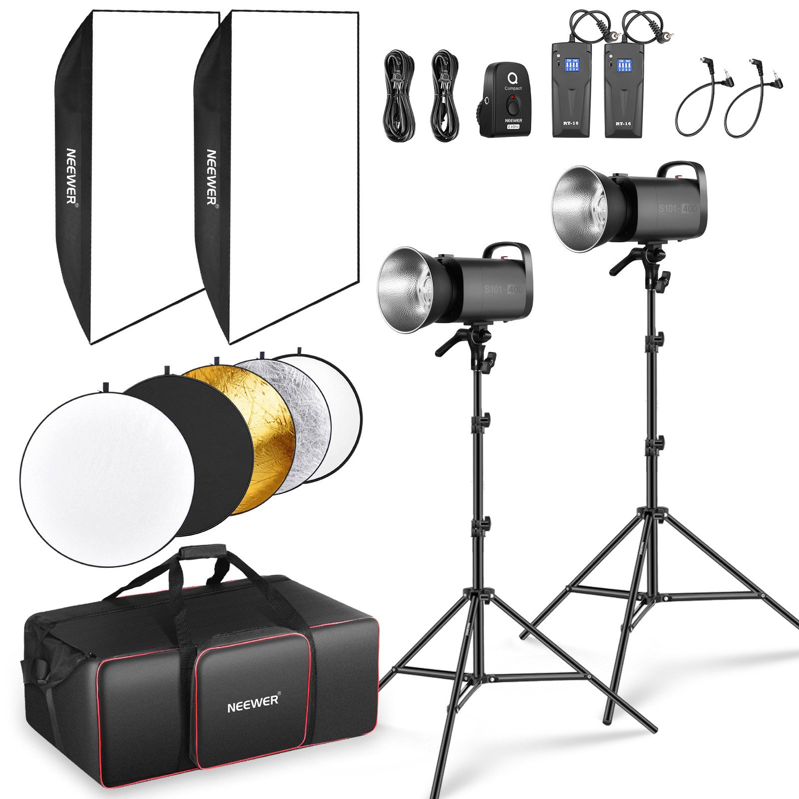 Neewer Studioleuchte S101-400W Studio Monolight Blitzlicht Set, 2Pack Set 800W Studio Flash, 5600K, mit Bowens Mount/Softbox/Ständer/Reflektor/Auslöser