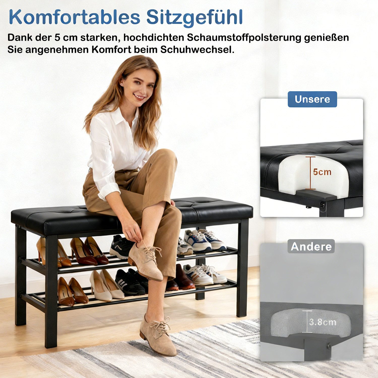 SURFOU Schuhbank Sitzbank mit Gepolsterter bis 200 kg Sitzfläche Schuhregal PU (mit 2 Gitterablagen), für Eingang Flur Schlafzimmer Verstellbares Kunstleder