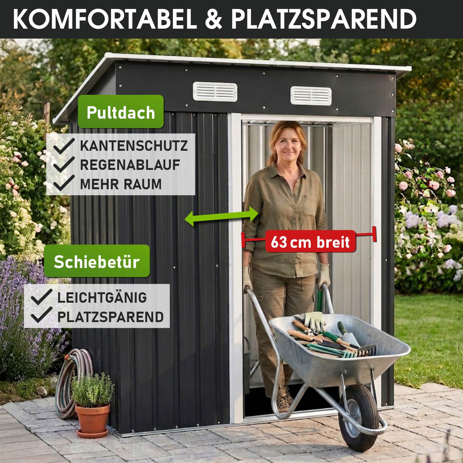 BRAST Gartenhaus Gerätehaus Geräteschuppen Metall, TÜV geprüft, viele Größen, BxT: 163x89 cm, mit Pultdach & Schiebetür, wetterfest wasserdicht – Bild 5 von 5