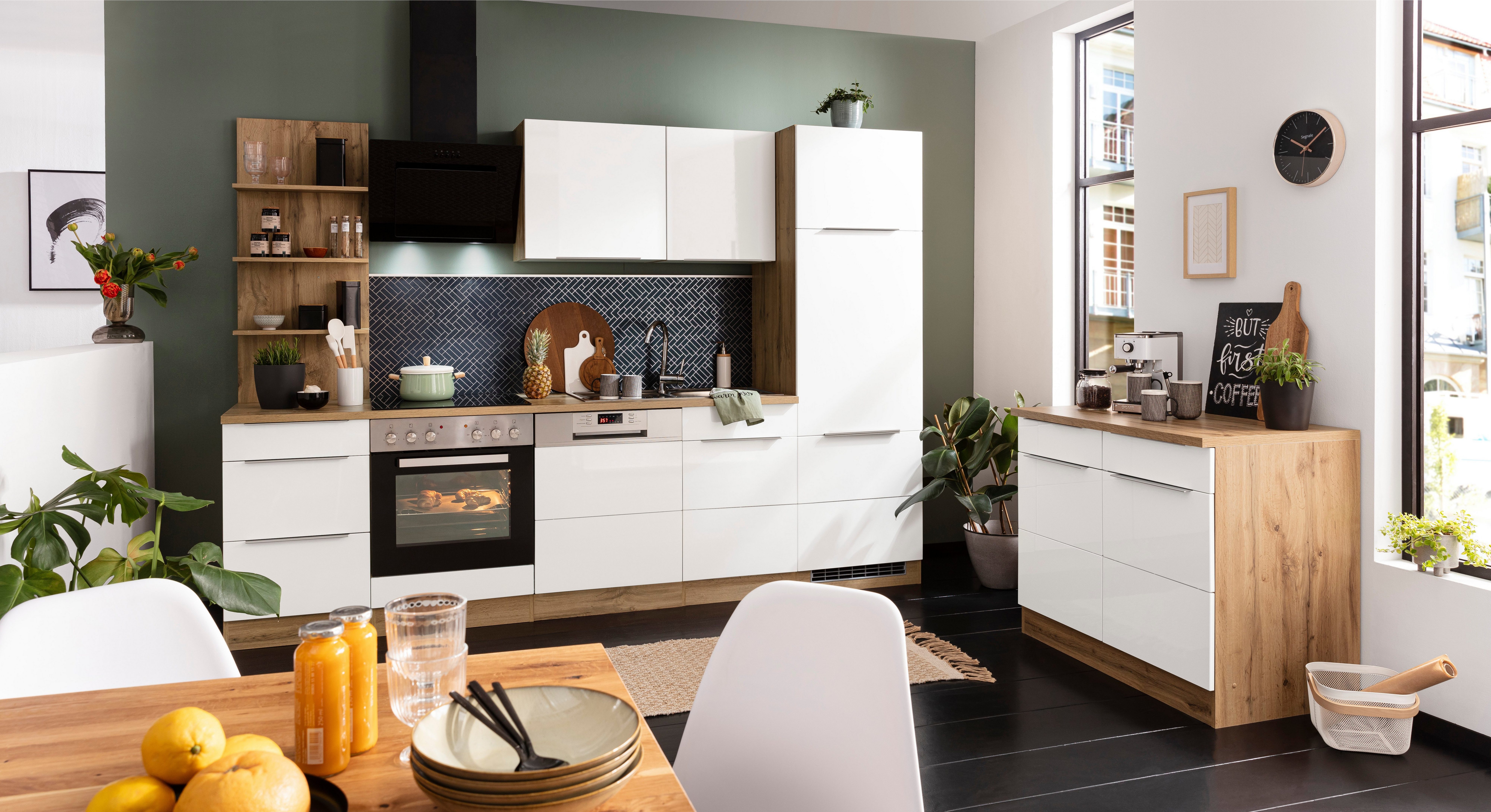 HELD MÖBEL Küchenzeile Brindisi, mit wotaneichefarben E-Geräten, cm 280 Breite Hochglanz/wotaneichefarbe | weiß