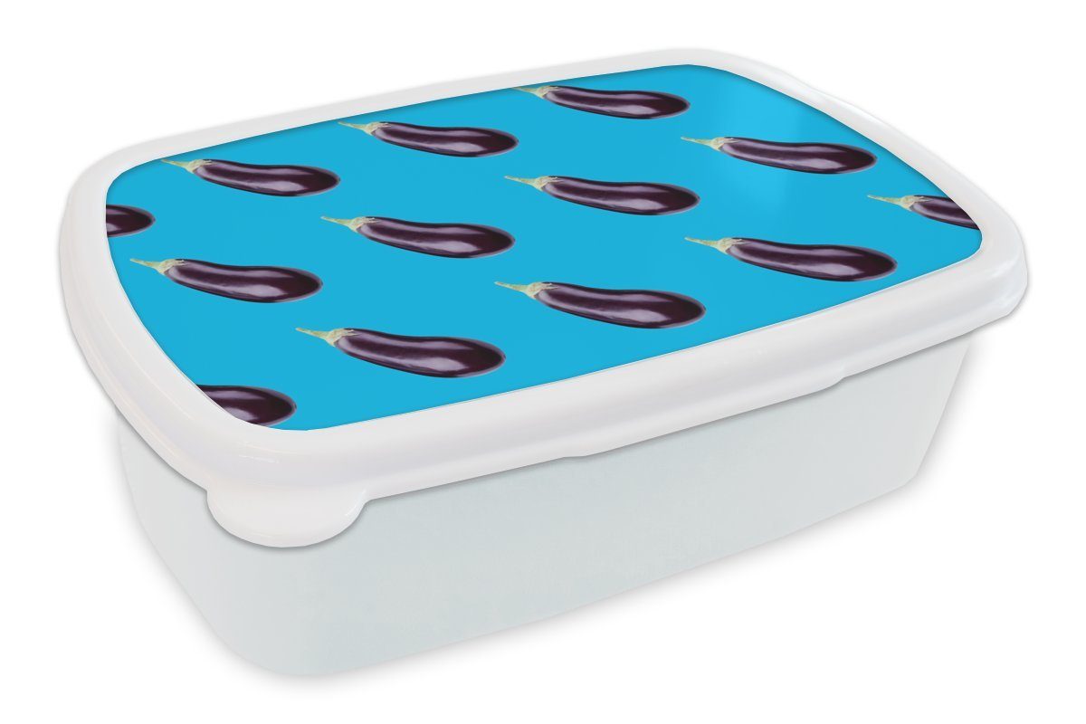 MuchoWow Lunchbox Gemüse - Aubergine - Muster - Blau, Kunststoff, (2-tlg), Brotbox für Kinder und Erwachsene, Brotdose, für Jungs und Mädchen weiß
