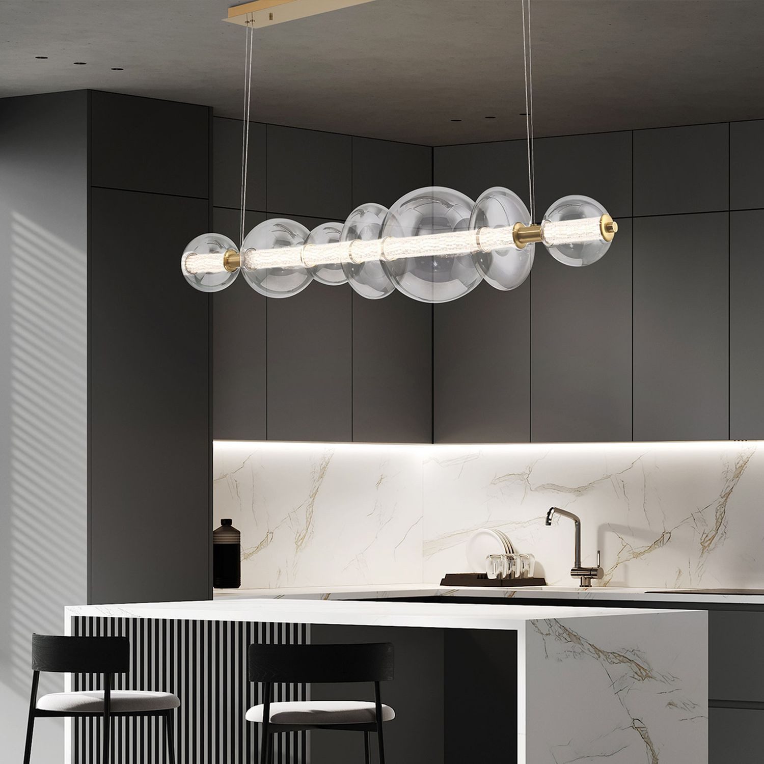 Licht-Erlebnisse Pendelleuchte ADELIN, LED, Warmweiß, LED B: 1421 cm groß H: max. 184 cm Glas Metall 3000 K 3586 lm in Gold