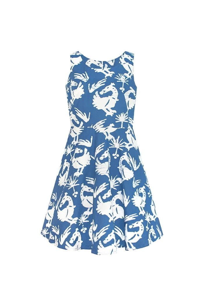 Global Mamas Sommerkleid Ava Dress - Sankofa Stone - Blau Handgebatikt in Ghana · Unikat · Fair Trade zertifiziert (WFTO)