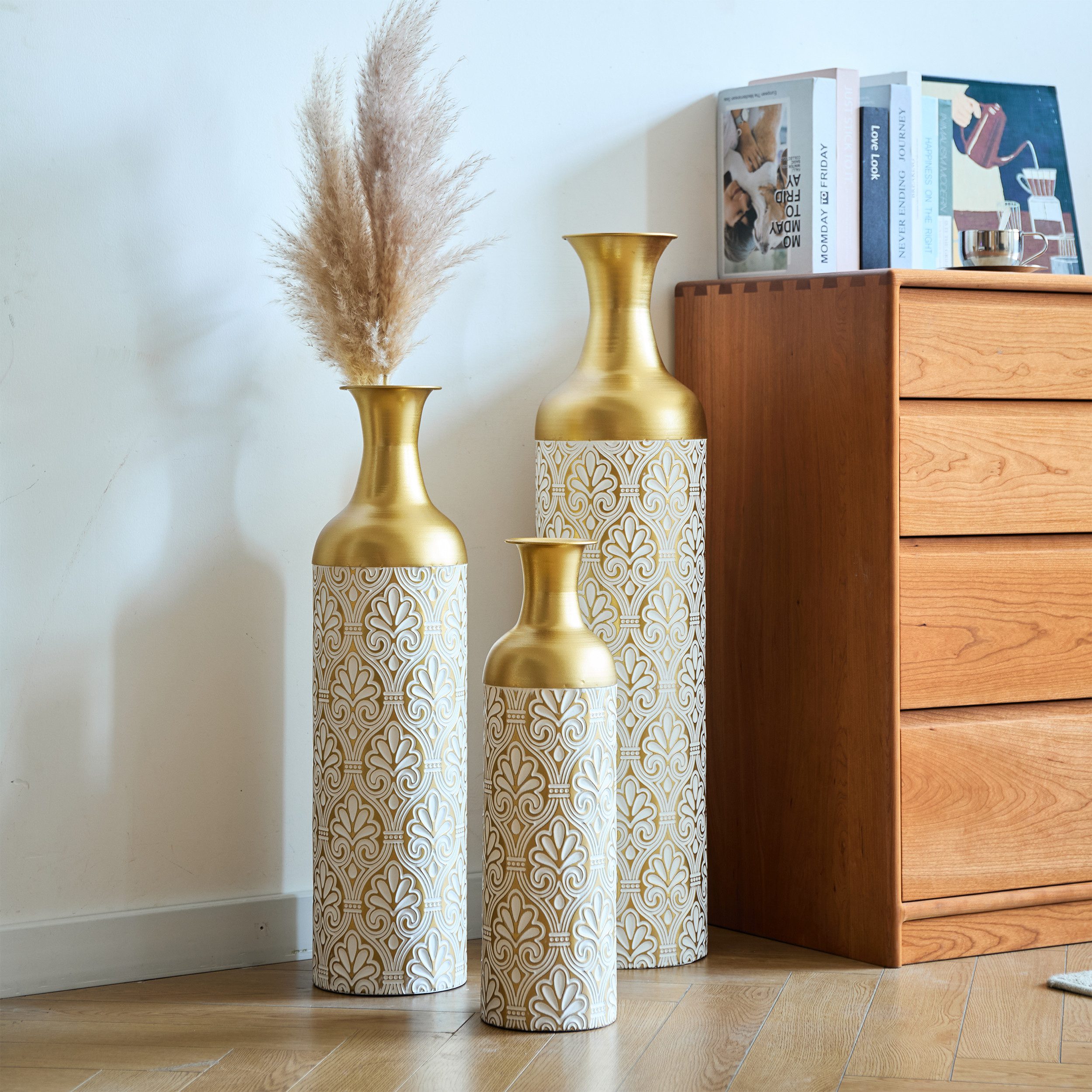 KLAM HOME Bodenvase Große Bodenvase 3er Set aus Metall, (50/65/83 cm), Mid-Century Modern (Dekovase Boden bis zur Decke reichende Vase, hohe dekorative Vase), V – Bild 4 von 5