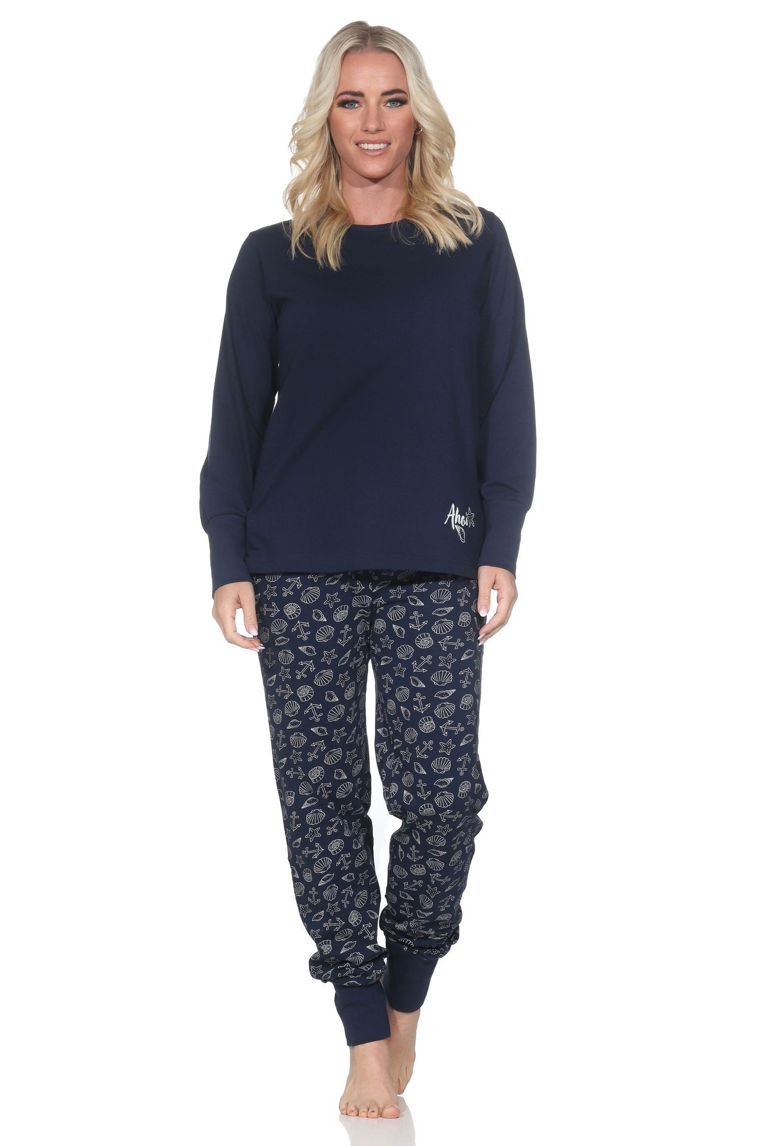 Pyjama Normann Damen Schlafanzug mit Bündchen in maritimer Optik
