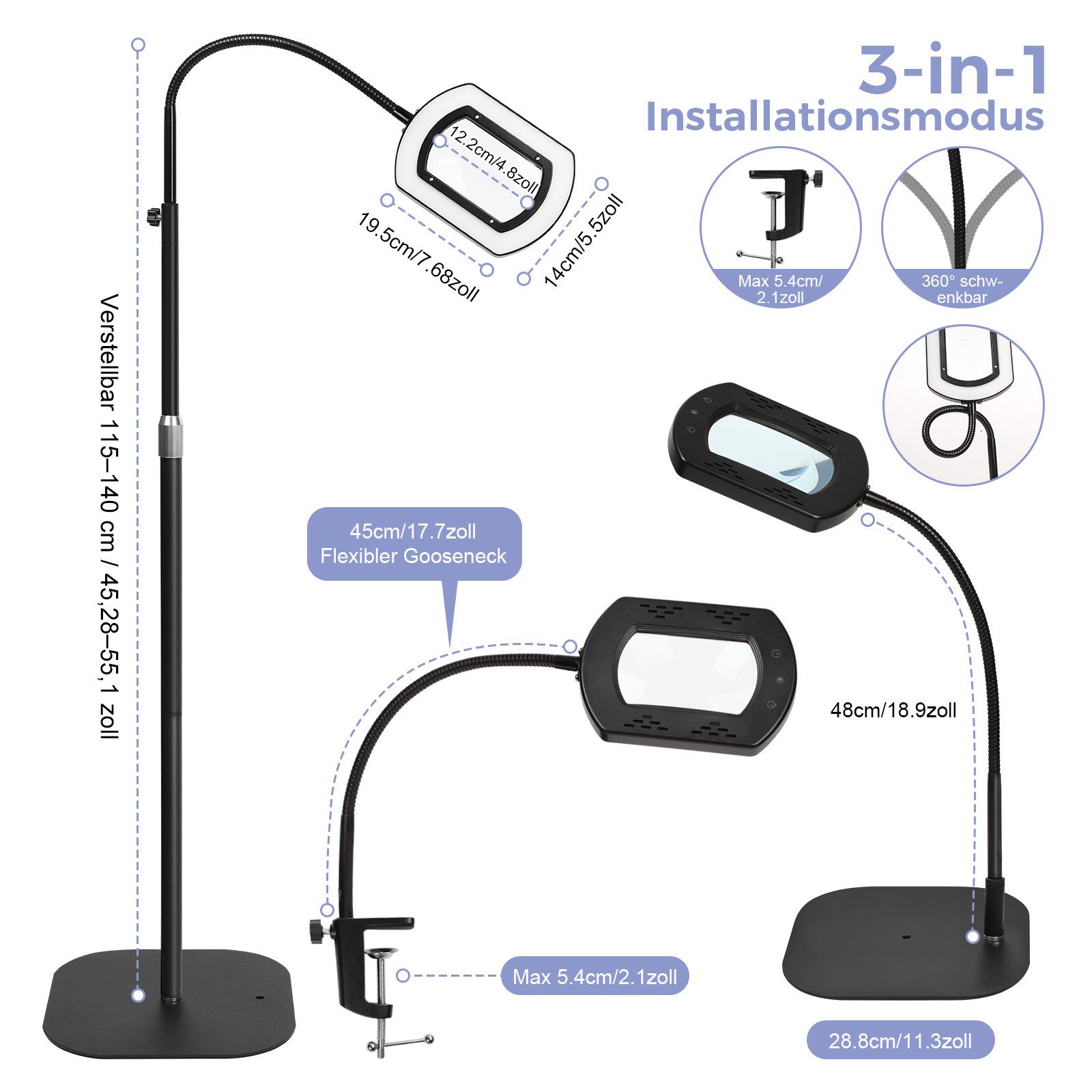 VIVIHEYDAY Lupenlampe 10X Echte Glaslinsen Lupe mit Licht und Ständer, Flexible, Schwanenhals-Lupe Stehlampe, 5 Farbmodi Stufenlos Dimmbar, 3-in-1 LED, Vergrößerungslampe Standlupe Hände frei zum Lesen Malen