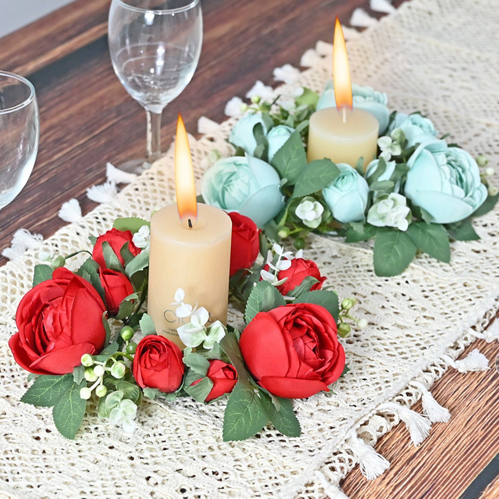 Girlande Blau Valentinstag Tischkranz Rutaqian Dekoration, für Tischkerzen Kerzengirlande Zuhause Stück Dekorative Realistische 2 Künstliche Hochzeitsdekoration