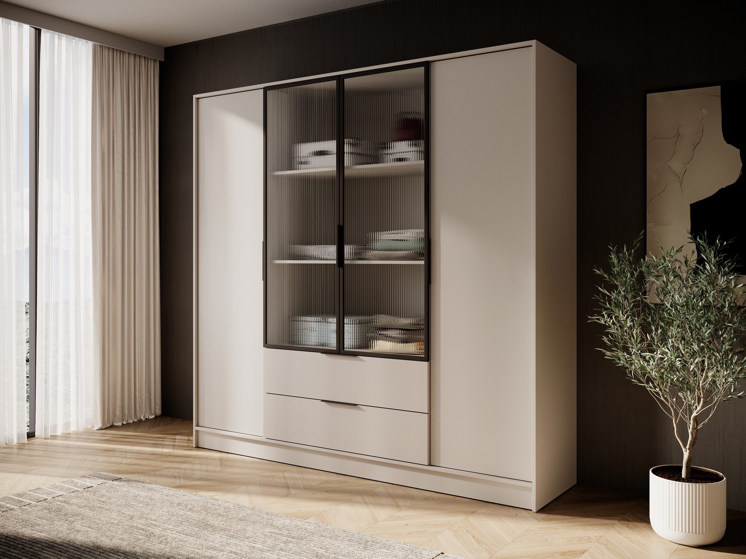MOEBLO Drehtürenschrank SEVIA 200 (Moderner und funktionaler Schrank mit verstellbaren Regalen und Schubladen, Kleiderschrank 4-türig Schrank Garderobe Schlafzimmer mit/ohne Spiegel, mit/ohne Vitrinen - und Schubladen) (BxHxT): 206x200x51 cm