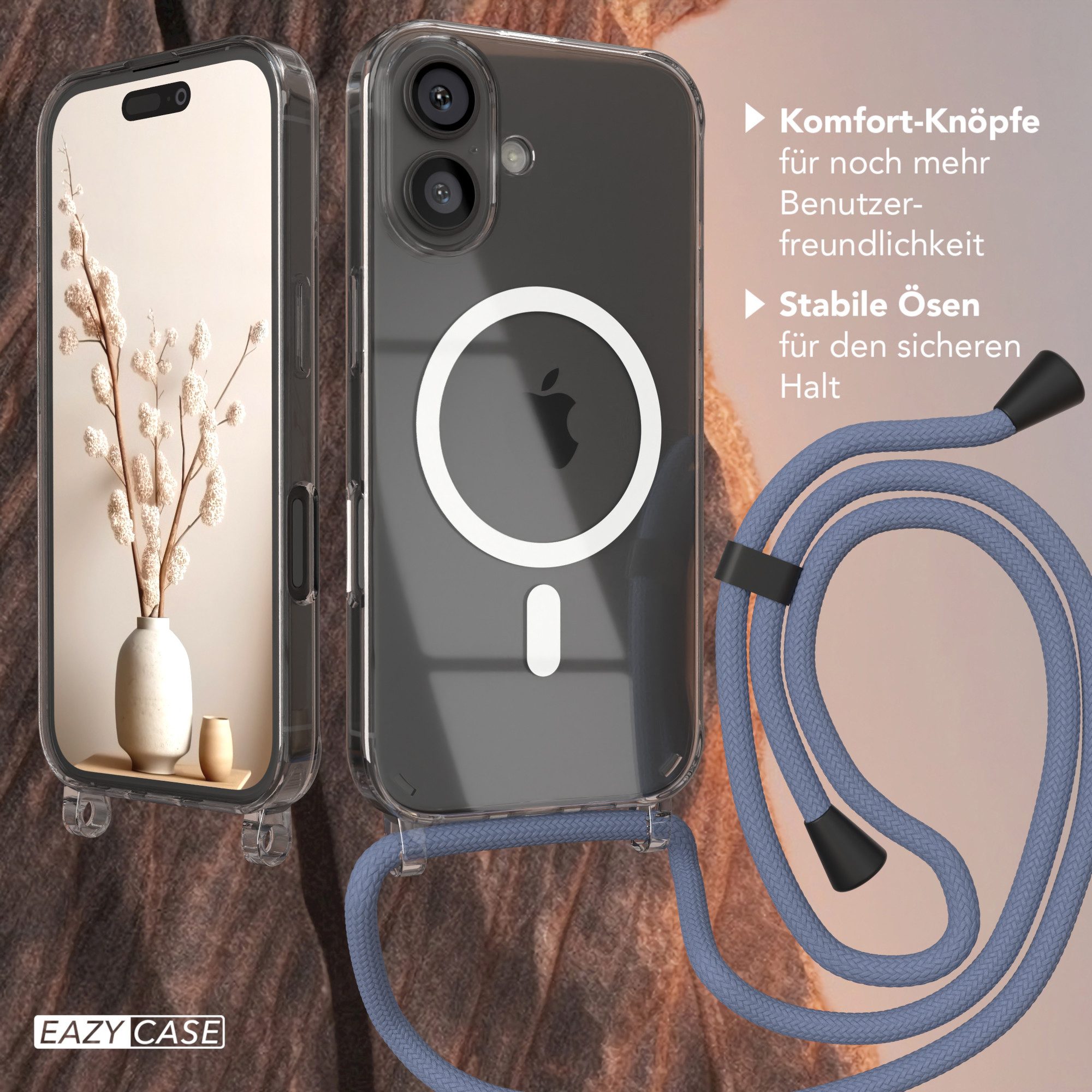 EAZY CASE Handykette mit Magsafe Hülle für Apple iPhone 16 6,1 Zoll, Handytasche Silikonhülle durchsichtig mit Umhängeband in Pastell Blau