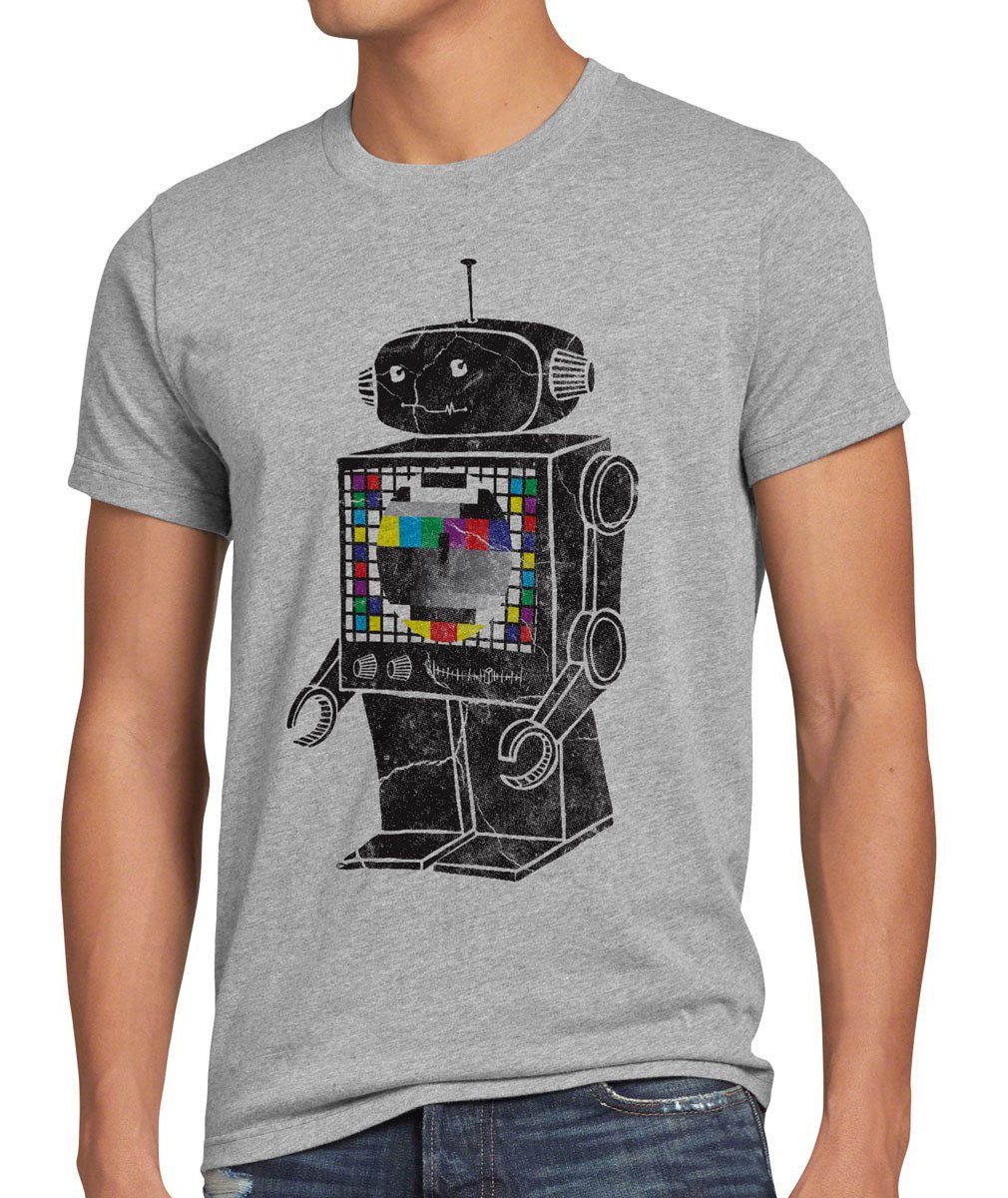 Roboter Sheldon Bang theory T-Shirt Monitor meliert Big Herren cooper Robot Testbild grau TV Print-Shirt style3