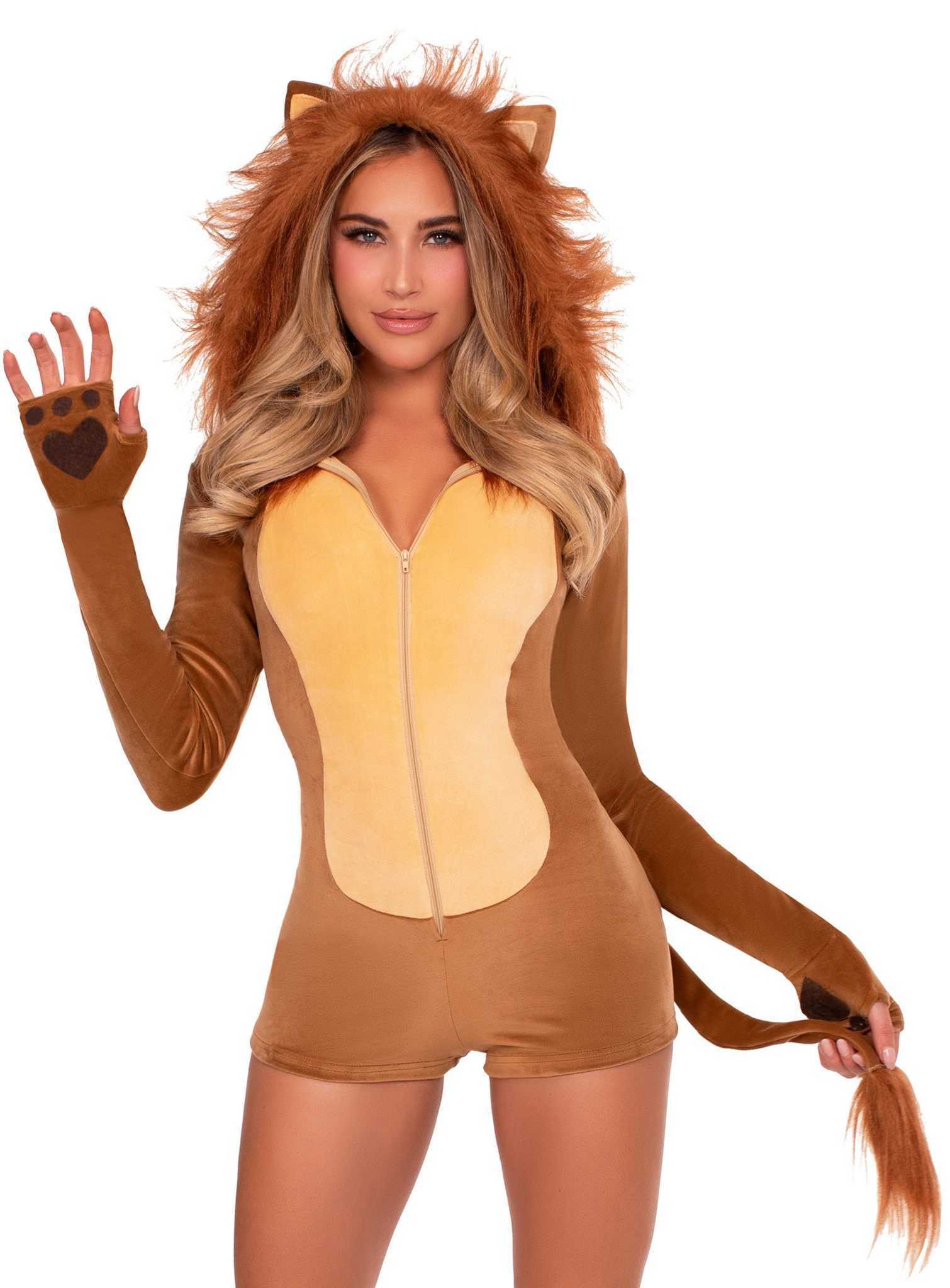 Leg Avenue Kostüm Lovely Löwe Kapuzenbody, Hautenges Löwenkostüm mit Herz
